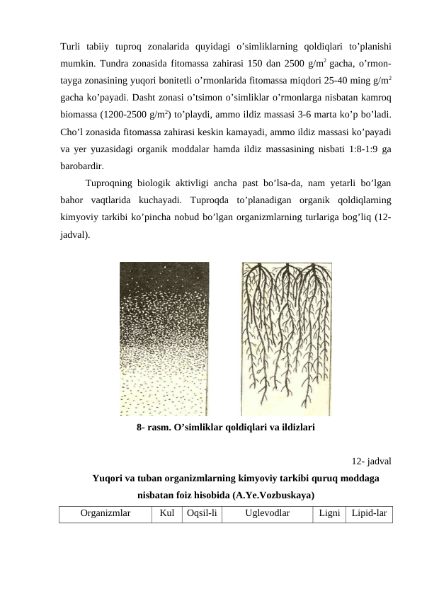 Turli tabiiy tuproq zonalarida quyidagi o’simliklarning qoldiqlari to’planishi
mumkin. Tundra zonasida fitomassa zahirasi 150 dan 2500 g/m2  gacha, o’rmon-
tayga zonasining yuqori bonitetli o’rmonlarida fitomassa miqdori 25-40 ming g/m2
gacha ko’payadi. Dasht zonasi o’tsimon o’simliklar o’rmonlarga nisbatan kamroq
biomassa (1200-2500 g/m2) to’playdi, ammo ildiz massasi 3-6 marta ko’p bo’ladi.
Cho’l zonasida fitomassa zahirasi keskin kamayadi, ammo ildiz massasi ko’payadi
va yer yuzasidagi organik moddalar hamda ildiz massasining nisbati 1:8-1:9  ga
barobardir. 
Tuproqning biologik aktivligi ancha past bo’lsa-da, nam yetarli bo’lgan
bahor  vaqtlarida  kuchayadi.  Tuproqda  to’planadigan  organik  qoldiqlarning
kimyoviy tarkibi ko’pincha nobud bo’lgan organizmlarning turlariga bog’liq (12-
jadval).
8- rasm. O’simliklar qoldiqlari va ildizlari
12- jadval
Yuqori va tuban organizmlarning kimyoviy tarkibi quruq moddaga
nisbatan foiz hisobida (A.Ye.Vozbuskaya)
Organizmlar
Kul
Oqsil-li
Uglevodlar
Ligni
Lipid-lar
