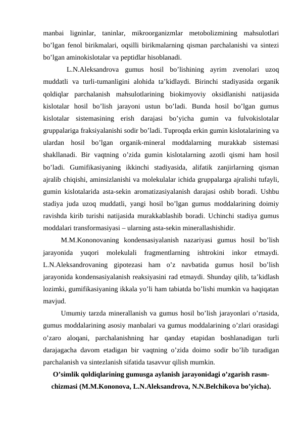 manbai  ligninlar,  taninlar,  mikroorganizmlar  metobolizmining  mahsulotlari
bo’lgan fenol birikmalari, oqsilli birikmalarning qisman parchalanishi va sintezi
bo’lgan aminokislotalar va peptidlar hisoblanadi.
L.N.Aleksandrova  gumus  hosil  bo’lishining  ayrim  zvenolari  uzoq
muddatli  va  turli-tumanligini  alohida  ta’kidlaydi.  Birinchi  stadiyasida  organik
qoldiqlar  parchalanish  mahsulotlarining  biokimyoviy  oksidlanishi  natijasida
kislotalar  hosil  bo’lish  jarayoni  ustun  bo’ladi.  Bunda  hosil  bo’lgan  gumus
kislotalar  sistemasining  erish  darajasi  bo’yicha  gumin  va  fulvokislotalar
gruppalariga fraksiyalanishi sodir bo’ladi. Tuproqda erkin gumin kislotalarining va
ulardan  hosil  bo’lgan  organik-mineral  moddalarning  murakkab  sistemasi
shakllanadi.  Bir  vaqtning  o’zida  gumin  kislotalarning  azotli  qismi  ham  hosil
bo’ladi.  Gumifikasiyaning  ikkinchi  stadiyasida,  alifatik  zanjirlarning  qisman
ajralib chiqishi, aminsizlanishi va molekulalar ichida gruppalarga ajralishi tufayli,
gumin kislotalarida asta-sekin aromatizasiyalanish darajasi oshib boradi. Ushbu
stadiya juda uzoq muddatli, yangi hosil bo’lgan gumus moddalarining doimiy
ravishda kirib turishi natijasida murakkablashib boradi. Uchinchi stadiya gumus
moddalari transformasiyasi – ularning asta-sekin minerallashishidir.
M.M.Kononovaning  kondensasiyalanish  nazariyasi  gumus  hosil  bo’lish
jarayonida  yuqori  molekulali  fragmentlarning  ishtrokini  inkor  etmaydi.
L.N.Aleksandrovaning  gipotezasi  ham  o’z  navbatida  gumus  hosil  bo’lish
jarayonida kondensasiyalanish reaksiyasini rad etmaydi. Shunday qilib, ta’kidlash
lozimki, gumifikasiyaning ikkala yo’li ham tabiatda bo’lishi mumkin va haqiqatan
mavjud.
Umumiy tarzda minerallanish va gumus hosil bo’lish jarayonlari o’rtasida,
gumus moddalarining asosiy manbalari va gumus moddalarining o’zlari orasidagi
o’zaro  aloqani,  parchalanishning  har  qanday  etapidan  boshlanadigan  turli
darajagacha davom etadigan bir vaqtning o’zida doimo sodir bo’lib turadigan
parchalanish va sintezlanish sifatida tasavvur qilish mumkin.
O’simlik qoldiqlarining gumusga aylanish jarayonidagi o’zgarish rasm-
chizmasi (M.M.Kononova, L.N.Aleksandrova, N.N.Belchikova bo’yicha).
