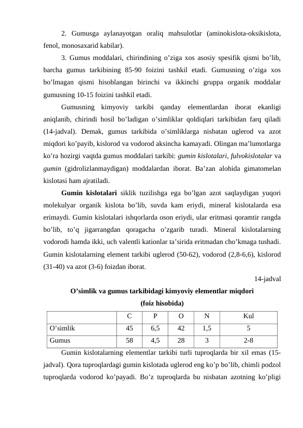 2.  Gumusga  aylanayotgan  oraliq  mahsulotlar  (aminokislota-oksikislota,
fenol, monosaxarid kabilar).
3. Gumus moddalari, chirindining o’ziga xos asosiy spesifik qismi bo’lib,
barcha  gumus  tarkibining  85-90  foizini  tashkil  etadi.  Gumusning  o’ziga  xos
bo’lmagan  qismi  hisoblangan  birinchi  va  ikkinchi  gruppa  organik  moddalar
gumusning 10-15 foizini tashkil etadi.
Gumusning  kimyoviy  tarkibi  qanday  elementlardan  iborat  ekanligi
aniqlanib, chirindi hosil bo’ladigan o’simliklar qoldiqlari tarkibidan farq qiladi
(14-jadval).  Demak,  gumus  tarkibida  o’simliklarga  nisbatan  uglerod  va  azot
miqdori ko’payib, kislorod va vodorod aksincha kamayadi. Olingan ma’lumotlarga
ko’ra hozirgi vaqtda gumus moddalari tarkibi: gumin kislotalari, fulvokislotalar va
gumin (gidrolizlanmaydigan) moddalardan iborat. Ba’zan alohida gimatomelan
kislotasi ham ajratiladi. 
Gumin kislotalari siklik tuzilishga ega bo’lgan azot saqlaydigan yuqori
molekulyar organik kislota bo’lib, suvda kam eriydi, mineral kislotalarda esa
erimaydi. Gumin kislotalari ishqorlarda oson eriydi, ular eritmasi qoramtir rangda
bo’lib,  to’q  jigarrangdan  qoragacha  o’zgarib  turadi.  Mineral  kislotalarning
vodorodi hamda ikki, uch valentli kationlar ta’sirida eritmadan cho’kmaga tushadi.
Gumin kislotalarning element tarkibi uglerod (50-62), vodorod (2,8-6,6), kislorod
(31-40) va azot (3-6) foizdan iborat.
14-jadval
O’simlik va gumus tarkibidagi kimyoviy elementlar miqdori
(foiz hisobida)
C
P
O
N
Kul
O’simlik
45
6,5
42
1,5
5
Gumus
58
4,5
28
3
2-8
Gumin kislotalarning elementlar tarkibi turli tuproqlarda bir xil emas (15-
jadval). Qora tuproqlardagi gumin kislotada uglerod eng ko’p bo’lib, chimli podzol
tuproqlarda vodorod ko’payadi. Bo’z tuproqlarda bu nisbatan azotning ko’pligi

