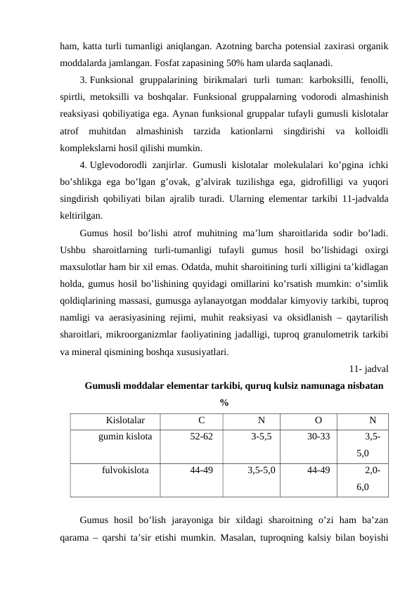 ham, katta turli tumanligi aniqlangan. Azotning barcha potensial zaxirasi organik
moddalarda jamlangan. Fosfat zapasining 50% ham ularda saqlanadi.
3. Funksional  gruppalarining  birikmalari  turli  tuman:  karboksilli,  fenolli,
spirtli, metoksilli va boshqalar. Funksional gruppalarning vodorodi almashinish
reaksiyasi qobiliyatiga ega. Aynan funksional gruppalar tufayli gumusli kislotalar
atrof  muhitdan  almashinish  tarzida  kationlarni  singdirishi  va  kolloidli
komplekslarni hosil qilishi mumkin.
4. Uglevodorodli zanjirlar. Gumusli kislotalar molekulalari ko’pgina ichki
bo’shlikga ega bo’lgan g’ovak, g’alvirak tuzilishga ega, gidrofilligi va yuqori
singdirish qobiliyati bilan ajralib turadi.  Ularning elementar tarkibi 11-jadvalda
keltirilgan.
Gumus hosil  bo’lishi atrof muhitning ma’lum sharoitlarida sodir bo’ladi.
Ushbu  sharoitlarning  turli-tumanligi  tufayli  gumus  hosil  bo’lishidagi  oxirgi
maxsulotlar ham bir xil emas. Odatda, muhit sharoitining turli xilligini ta’kidlagan
holda, gumus hosil bo’lishining quyidagi omillarini ko’rsatish mumkin: o’simlik
qoldiqlarining massasi, gumusga aylanayotgan moddalar kimyoviy tarkibi, tuproq
namligi va aerasiyasining rejimi, muhit reaksiyasi va oksidlanish – qaytarilish
sharoitlari, mikroorganizmlar faoliyatining jadalligi, tuproq granulometrik tarkibi
va mineral qismining boshqa xususiyatlari.
11- jadval
Gumusli moddalar elementar tarkibi, quruq kulsiz namunaga nisbatan
%
Kislotalar 
C
N
O
N
gumin kislota
52-62
3-5,5
30-33
3,5-
5,0
fulvokislota
44-49
3,5-5,0
44-49
2,0-
6,0
Gumus  hosil  bo’lish  jarayoniga  bir  xildagi  sharoitning  o’zi  ham  ba’zan
qarama – qarshi ta’sir etishi mumkin. Masalan, tuproqning kalsiy bilan boyishi
