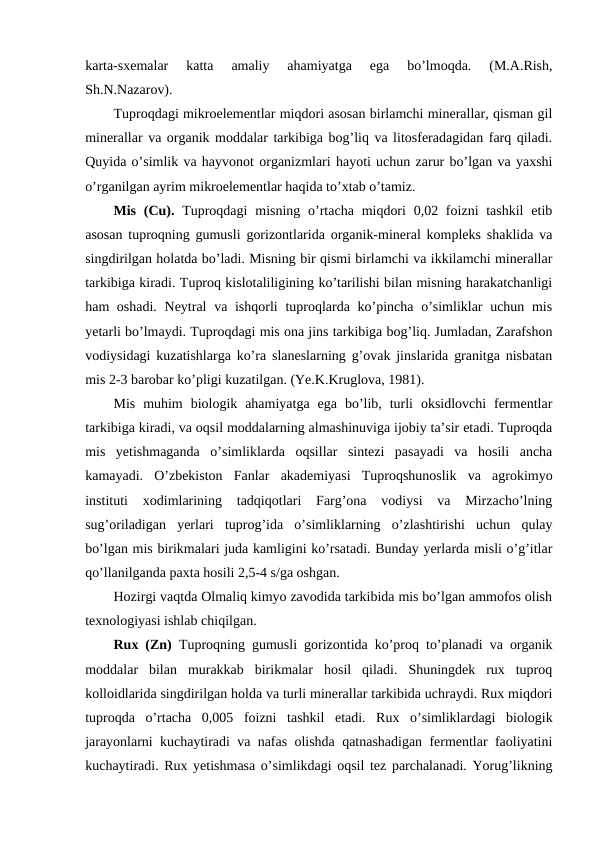 karta-sxemalar  katta  amaliy  ahamiyatga  ega  bo’lmoqda.  (M.A.Rish,
Sh.N.Nazarov).
Tuproqdagi mikroelementlar miqdori asosan birlamchi minerallar, qisman gil
minerallar va organik moddalar tarkibiga bog’liq va litosferadagidan farq qiladi.
Quyida o’simlik va hayvonot organizmlari hayoti uchun zarur bo’lgan va yaxshi
o’rganilgan ayrim mikroelementlar haqida to’xtab o’tamiz.
Mis (Cu). Tuproqdagi  misning o’rtacha miqdori  0,02 foizni  tashkil  etib
asosan tuproqning gumusli gorizontlarida organik-mineral kompleks shaklida va
singdirilgan holatda bo’ladi. Misning bir qismi birlamchi va ikkilamchi minerallar
tarkibiga kiradi. Tuproq kislotaliligining ko’tarilishi bilan misning harakatchanligi
ham oshadi. Neytral  va ishqorli  tuproqlarda ko’pincha o’simliklar  uchun mis
yetarli bo’lmaydi. Tuproqdagi mis ona jins tarkibiga bog’liq. Jumladan, Zarafshon
vodiysidagi kuzatishlarga ko’ra slaneslarning g’ovak jinslarida granitga nisbatan
mis 2-3 barobar ko’pligi kuzatilgan. (Ye.K.Kruglova, 1981).
Mis  muhim  biologik  ahamiyatga  ega  bo’lib,  turli  oksidlovchi  fermentlar
tarkibiga kiradi, va oqsil moddalarning almashinuviga ijobiy ta’sir etadi. Tuproqda
mis  yetishmaganda  o’simliklarda  oqsillar  sintezi  pasayadi  va  hosili  ancha
kamayadi.  O’zbekiston  Fanlar  akademiyasi  Tuproqshunoslik  va  agrokimyo
instituti  xodimlarining  tadqiqotlari  Farg’ona  vodiysi  va  Mirzacho’lning
sug’oriladigan  yerlari  tuprog’ida  o’simliklarning  o’zlashtirishi  uchun  qulay
bo’lgan mis birikmalari juda kamligini ko’rsatadi. Bunday yerlarda misli o’g’itlar
qo’llanilganda paxta hosili 2,5-4 s/ga oshgan.
Hozirgi vaqtda Olmaliq kimyo zavodida tarkibida mis bo’lgan ammofos olish
texnologiyasi ishlab chiqilgan.
Rux (Zn) Tuproqning gumusli gorizontida ko’proq to’planadi va organik
moddalar  bilan  murakkab  birikmalar  hosil  qiladi.  Shuningdek  rux  tuproq
kolloidlarida singdirilgan holda va turli minerallar tarkibida uchraydi. Rux miqdori
tuproqda  o’rtacha  0,005  foizni  tashkil  etadi.  Rux  o’simliklardagi  biologik
jarayonlarni kuchaytiradi va nafas olishda qatnashadigan fermentlar faoliyatini
kuchaytiradi. Rux yetishmasa o’simlikdagi oqsil tez parchalanadi. Yorug’likning
