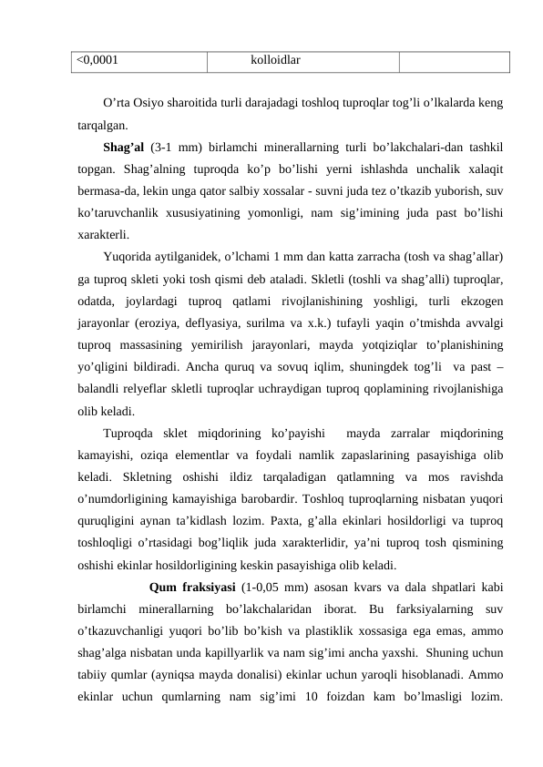 <0,0001
            kolloidlar
O’rta Osiyo sharoitida turli darajadagi toshloq tuproqlar tog’li o’lkalarda keng
tarqalgan.
Shag’al (3-1 mm) birlamchi minerallarning turli bo’lakchalari-dan tashkil
topgan.  Shag’alning  tuproqda  ko’p  bo’lishi  yerni  ishlashda  unchalik  xalaqit
bermasa-da, lekin unga qator salbiy xossalar - suvni juda tez o’tkazib yuborish, suv
ko’taruvchanlik  xususiyatining  yomonligi,  nam  sig’imining  juda  past  bo’lishi
xarakterli.
Yuqorida aytilganidek, o’lchami 1 mm dan katta zarracha (tosh va shag’allar)
ga tuproq skleti yoki tosh qismi deb ataladi. Skletli (toshli va shag’alli) tuproqlar,
odatda,  joylardagi  tuproq  qatlami  rivojlanishining  yoshligi,  turli  ekzogen
jarayonlar (eroziya, deflyasiya, surilma va x.k.) tufayli yaqin o’tmishda avvalgi
tuproq  massasining  yemirilish  jarayonlari,  mayda  yotqiziqlar  to’planishining
yo’qligini bildiradi. Ancha quruq va sovuq iqlim, shuningdek tog’li  va past –
balandli relyeflar skletli tuproqlar uchraydigan tuproq qoplamining rivojlanishiga
olib keladi.
Tuproqda  sklet  miqdorining  ko’payishi   mayda  zarralar  miqdorining
kamayishi,  oziqa  elementlar  va  foydali  namlik  zapaslarining  pasayishiga  olib
keladi.  Skletning  oshishi  ildiz  tarqaladigan  qatlamning  va  mos  ravishda
o’numdorligining kamayishiga barobardir. Toshloq tuproqlarning nisbatan yuqori
quruqligini aynan ta’kidlash lozim. Paxta, g’alla ekinlari hosildorligi va tuproq
toshloqligi o’rtasidagi bog’liqlik juda xarakterlidir, ya’ni tuproq tosh qismining
oshishi ekinlar hosildorligining keskin pasayishiga olib keladi. 
        Qum fraksiyasi (1-0,05 mm) asosan kvars va dala shpatlari kabi
birlamchi  minerallarning  bo’lakchalaridan  iborat.  Bu  farksiyalarning  suv
o’tkazuvchanligi yuqori bo’lib bo’kish va plastiklik xossasiga ega emas, ammo
shag’alga nisbatan unda kapillyarlik va nam sig’imi ancha yaxshi.  Shuning uchun
tabiiy qumlar (ayniqsa mayda donalisi) ekinlar uchun yaroqli hisoblanadi. Ammo
ekinlar  uchun  qumlarning  nam  sig’imi  10  foizdan  kam  bo’lmasligi  lozim.
