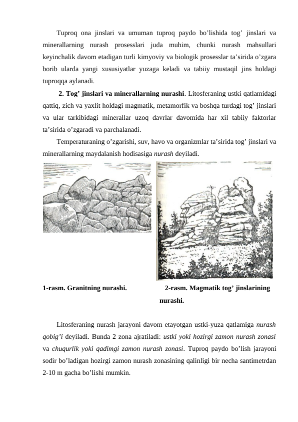 Tuproq ona jinslari va umuman tuproq paydo bo’lishida tog’ jinslari va
minerallarning  nurash  prosesslari  juda  muhim,  chunki  nurash  mahsullari
keyinchalik davom etadigan turli kimyoviy va biologik prosesslar ta’sirida o’zgara
borib ularda yangi xususiyatlar  yuzaga keladi  va tabiiy mustaqil jins holdagi
tuproqqa aylanadi.
 2. Tog’ jinslari va minerallarning nurashi. Litosferaning ustki qatlamidagi
qattiq, zich va yaxlit holdagi magmatik, metamorfik va boshqa turdagi tog’ jinslari
va  ular  tarkibidagi  minerallar  uzoq  davrlar  davomida  har  xil  tabiiy  faktorlar
ta’sirida o’zgaradi va parchalanadi.
Temperaturaning o’zgarishi, suv, havo va organizmlar ta’sirida tog’ jinslari va
minerallarning maydalanish hodisasiga nurash deyiladi. 
1-rasm. Granitning nurashi.   
 2-rasm. Magmatik tog’ jinslarining 
nurashi.
Litosferaning nurash jarayoni davom etayotgan ustki-yuza qatlamiga nurash
qobig’i deyiladi. Bunda 2 zona ajratiladi: ustki yoki hozirgi zamon nurash zonasi
va chuqurlik yoki qadimgi zamon nurash zonasi. Tuproq paydo bo’lish jarayoni
sodir bo’ladigan hozirgi zamon nurash zonasining qalinligi bir necha santimetrdan
2-10 m gacha bo’lishi mumkin. 
