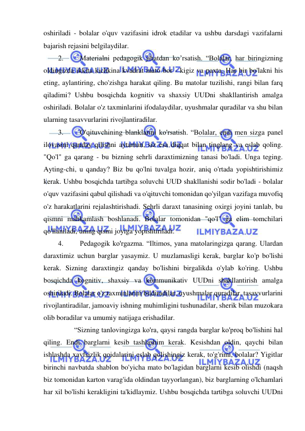  
 
oshiriladi - bolalar o'quv vazifasini idrok etadilar va ushbu darsdagi vazifalarni 
bajarish rejasini belgilaydilar. 
2. 
Materialni pedagogik jihatdan ko’rsatish. “Bolalar, har biringizning 
oldingizda ikkita kichkina kvadrat mato bor - kigiz va paxta. Har bir bo'lakni his 
eting, aylantiring, cho'zishga harakat qiling. Bu matolar tuzilishi, rangi bilan farq 
qiladimi? Ushbu bosqichda kognitiv va shaxsiy UUDni shakllantirish amalga 
oshiriladi. Bolalar o'z taxminlarini ifodalaydilar, uyushmalar quradilar va shu bilan 
ularning tasavvurlarini rivojlantiradilar. 
3. 
O'qituvchining blanklarini ko'rsatish. “Bolalar, endi men sizga panel 
ilovasini qanday qilishni aytaman, siz esa diqqat bilan tinglang va eslab qoling. 
"Qo'l" ga qarang - bu bizning sehrli daraxtimizning tanasi bo'ladi. Unga teging. 
Ayting-chi, u qanday? Biz bu qo'lni tuvalga hozir, aniq o'rtada yopishtirishimiz 
kerak. Ushbu bosqichda tartibga soluvchi UUD shakllanishi sodir bo'ladi - bolalar 
o'quv vazifasini qabul qilishadi va o'qituvchi tomonidan qo'yilgan vazifaga muvofiq 
o'z harakatlarini rejalashtirishadi. Sehrli daraxt tanasining oxirgi joyini tanlab, bu 
qismni mahkamlash boshlanadi. Bolalar tomonidan "qo'l" ga elim tomchilari 
qo'llaniladi, uning qismi joyiga yopishtiriladi. 
4. 
Pedagogik ko'rgazma. “Iltimos, yana matolaringizga qarang. Ulardan 
daraxtimiz uchun barglar yasaymiz. U muzlamasligi kerak, barglar ko'p bo'lishi 
kerak. Sizning daraxtingiz qanday bo'lishini birgalikda o'ylab ko'ring. Ushbu 
bosqichda kognitiv, shaxsiy va kommunikativ UUDni shakllantirish amalga 
oshiriladi. Bolalar o'z taxminlarini bildiradilar, uyushmalar quradilar, tasavvurlarini 
rivojlantiradilar, jamoaviy ishning muhimligini tushunadilar, sherik bilan muzokara 
olib boradilar va umumiy natijaga erishadilar. 
         “Sizning tanlovingizga ko'ra, qaysi rangda barglar ko'proq bo'lishini hal 
qiling. Endi barglarni kesib tashlashim kerak. Kesishdan oldin, qaychi bilan 
ishlashda xavfsizlik qoidalarini eslab qolishingiz kerak, to'g'rimi, bolalar? Yigitlar 
birinchi navbatda shablon bo'yicha mato bo'lagidan barglarni kesib olishdi (naqsh 
biz tomonidan karton varag'ida oldindan tayyorlangan), biz barglarning o'lchamlari 
har xil bo'lishi kerakligini ta'kidlaymiz. Ushbu bosqichda tartibga soluvchi UUDni 
