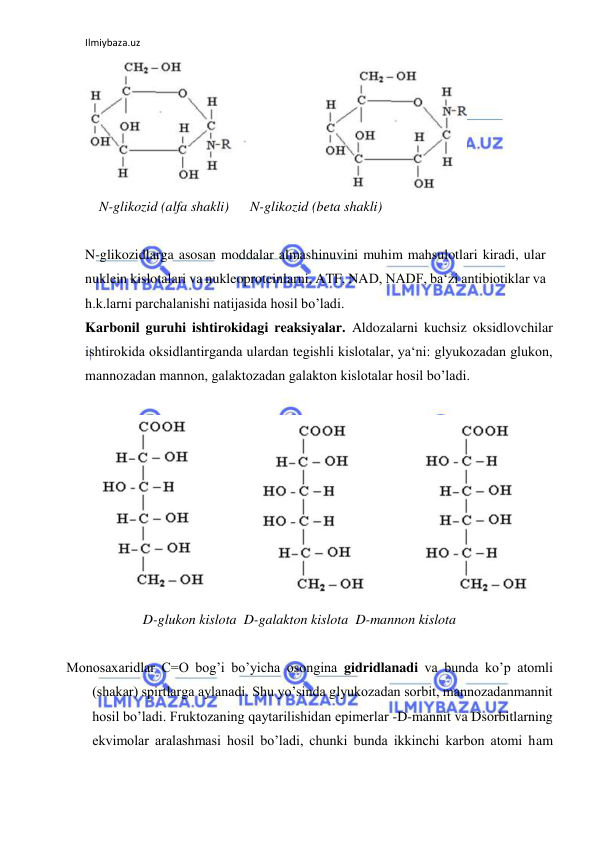 Ilmiybaza.uz 
 
  
    N-glikozid (alfa shakli)      N-glikozid (beta shakli)  
          
N-glikozidlarga asosan moddalar almashinuvini muhim mahsulotlari kiradi, ular 
nuklein kislotalari va nukleoproteinlarni, ATF, NAD, NADF, ba‘zi antibiotiklar va 
h.k.larni parchalanishi natijasida hosil bo’ladi.  
Karbonil guruhi ishtirokidagi reaksiyalar. Aldozalarni kuchsiz oksidlovchilar 
ishtirokida oksidlantirganda ulardan tegishli kislotalar, ya‘ni: glyukozadan glukon, 
mannozadan mannon, galaktozadan galakton kislotalar hosil bo’ladi.  
  
  
 D-glukon kislota  D-galakton kislota  D-mannon kislota  
  
Monosaxaridlar C=O bog’i bo’yicha osongina gidridlanadi va bunda ko’p atomli 
(shakar) spirtlarga aylanadi. Shu yo’sinda glyukozadan sorbit, mannozadanmannit 
hosil bo’ladi. Fruktozaning qaytarilishidan epimerlar -D-mannit va Dsorbitlarning 
ekvimolar aralashmasi hosil bo’ladi, chunki bunda ikkinchi karbon atomi ham 
