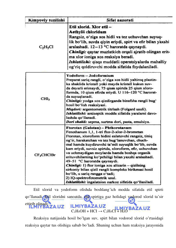  
 
 
 
Etil xlorid va yodoform olishda boshlang’ich modda sifatida etil spirti 
qo’llanadi. Etil xloridni sanoatda, etil spirtiga gaz holidagi vodorod xlorid ta’sir 
ettirib olinadi: 
C2H5OH + HCI → C2H5CI + H2O 
Reaksiya natijasida hosil bo’lgan suv, spirt bilan vodorod xlorid o’rtasidagi 
reaksiya qaytar tus olishiga sabab bo’ladi. Shuning uchun ham reaksiya jarayonida 
