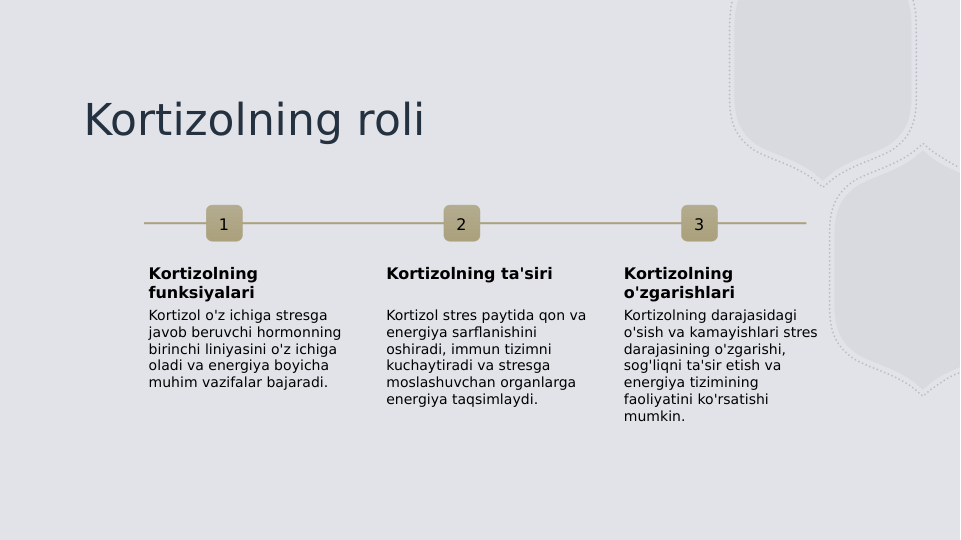 Kortizolning roli
1
Kortizolning 
funksiyalari
Kortizol o'z ichiga stresga 
javob beruvchi hormonning 
birinchi liniyasini o'z ichiga 
oladi va energiya boyicha 
muhim vazifalar bajaradi.
2
Kortizolning ta'siri
Kortizol stres paytida qon va 
energiya sarflanishini 
oshiradi, immun tizimni 
kuchaytiradi va stresga 
moslashuvchan organlarga 
energiya taqsimlaydi.
3
Kortizolning 
o'zgarishlari
Kortizolning darajasidagi 
o'sish va kamayishlari stres 
darajasining o'zgarishi, 
sog'liqni ta'sir etish va 
energiya tizimining 
faoliyatini ko'rsatishi 
mumkin.

