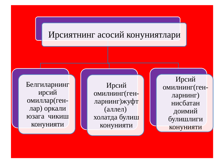 Ирсиятнинг асосий конуниятлари
Белгиларнинг 
ирсий 
омиллар(ген-
лар) оркали 
юзага  чикиш 
конунияти
Ирсий 
омилнинг(ген-
ларнинг)жуфт 
(аллел)  
холатда булиш 
конунияти
Ирсий 
омилнинг(ген-
ларнинг) 
нисбатан 
доимий 
булишлиги 
конунияти

