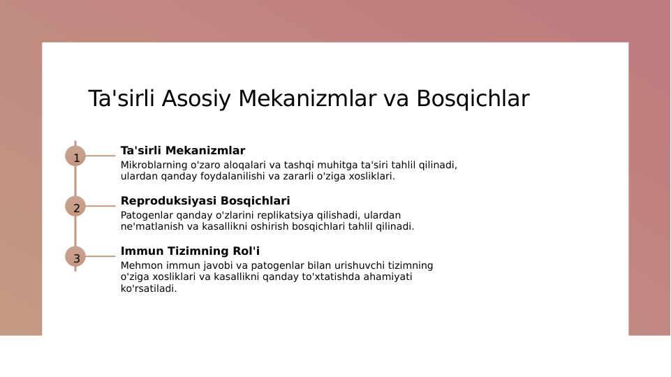 Ta'sirli Asosiy Mekanizmlar va Bosqichlar
1
Ta'sirli Mekanizmlar
Mikroblarning o'zaro aloqalari va tashqi muhitga ta'siri tahlil qilinadi, 
ulardan qanday foydalanilishi va zararli o'ziga xosliklari.
2
Reproduksiyasi Bosqichlari
Patogenlar qanday o'zlarini replikatsiya qilishadi, ulardan 
ne'matlanish va kasallikni oshirish bosqichlari tahlil qilinadi.
3
Immun Tizimning Rol'i
Mehmon immun javobi va patogenlar bilan urishuvchi tizimning 
o'ziga xosliklari va kasallikni qanday to'xtatishda ahamiyati 
ko'rsatiladi.
