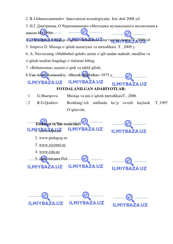  
 
 2. R.J.Ishmuxammedov. Innovatsion texnalogiyalar. Iste`dod 2008 yil 
 3. Н.Г.Дмитриева, О.Черноиваненко «Mетодика музыкального воспитания в  
 школе M.,1990г.  
 4. G.Sharipоva «Musiqa o`qitish mеtоdikasi» (ma’ruzalar matni) T.,2008 yil  
 5. Sоipоva D. Musiqa o`qitish nazariyasi va mеtоdikasi. T., 2009 y. 
 6. A. Navoiyning «Mahbubul qulub» asrini o`qib undan maktab, muallim va  
 o`qitish usullari haqidagi o`rinlarini biling. 
 7. «Boburnoma» asarini o`qish va tahlil qilish. 
 8.Yan Amos Komenskiy. «Buyuk didaktika». 1975 y.  
 
FOYDALANILGAN ADABIYOTLAR: 
1 
 G.Sharipova 
Musiqa va uni o`qitish metodikasiT., 2006 
2 
 R.G.Qodirov  
Boshlang`ich sinflarda ko`p ovozli kuylash. T.,1997. 
O`qituvchi. 
 
           Elektron ta’lim resurslari 
 
1. www.tdpu.uz 
 
 
2. www.pedagog.uz 
 
3. www.ziyonet.uz 
4. www.edu.uz 
5. tdpu-intranet.Ped 
 
 
 
 
