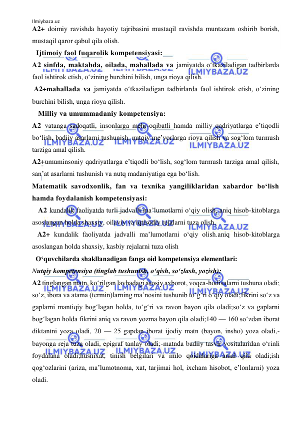 Ilmiybaza.uz 
 
A2+ doimiy ravishda hayotiy tajribasini mustaqil ravishda muntazam oshirib borish, 
mustaqil qaror qabul qila olish. 
  Ijtimoiy faol fuqarolik kompetensiyasi: 
A2 sinfda, maktabda, oilada, mahallada va jamiyatda o‘tkaziladigan tadbirlarda 
faol ishtirok etish, o‘zining burchini bilish, unga rioya qilish. 
 A2+mahallada va jamiyatda o‘tkaziladigan tadbirlarda faol ishtirok etish, o‘zining 
burchini bilish, unga rioya qilish. 
   Milliy va umummadaniy kompetensiya: 
A2 vatanga sadoqatli, insonlarga mehr-oqibatli hamda milliy qadriyatlarga e’tiqodli 
bo‘lish, badiiy asarlarni tushunish, nutqiy me’yorlarga rioya qilish va sog‘lom turmush 
tarziga amal qilish. 
A2+umuminsoniy qadriyatlarga e’tiqodli bo‘lish, sog‘lom turmush tarziga amal qilish, 
san’at asarlarni tushunish va nutq madaniyatiga ega bo‘lish. 
Matematik savodxonlik, fan va texnika yangiliklaridan xabardor bo‘lish 
hamda foydalanish kompetensiyasi: 
   A2 kundalik faoliyatda turli jadvalli ma’lumotlarni o‘qiy olish, aniq hisob-kitoblarga 
asoslangan holda shaxsiy, oilaviy va iqtisodiy rejalarni tuza olish,  
   A2+ kundalik faoliyatda jadvalli ma’lumotlarni o‘qiy olish.aniq hisob-kitoblarga 
asoslangan holda shaxsiy, kasbiy rejalarni tuza olish 
  O‘quvchilarda shakllanadigan fanga oid kompetensiya elementlari: 
Nutqiy kompetensiya (tinglab tushunish, o‘qish, so‘zlash, yozish): 
A2 tinglangan matn, ko‘rilgan lavhadagi asosiy axborot, voqea-hodisalarni tushuna oladi; 
so‘z, ibora va atama (termin)larning ma’nosini tushunib to‘g‘ri o‘qiy oladi;fikrini so‘z va 
gaplarni mantiqiy bog‘lagan holda, to‘g‘ri va ravon bayon qila oladi;so‘z va gaplarni 
bog‘lagan holda fikrini aniq va ravon yozma bayon qila oladi;140 — 160 so‘zdan iborat 
diktantni yoza oladi, 20 — 25 gapdan iborat ijodiy matn (bayon, insho) yoza oladi,-
bayonga reja tuza oladi, epigraf tanlay oladi;-matnda badiiy tasvir vositalaridan o‘rinli 
foydalana oladi;husnixat, tinish belgilari va imlo qoidalariga amal qila oladi;ish 
qog‘ozlarini (ariza, ma’lumotnoma, xat, tarjimai hol, ixcham hisobot, e’lonlarni) yoza 
oladi. 
