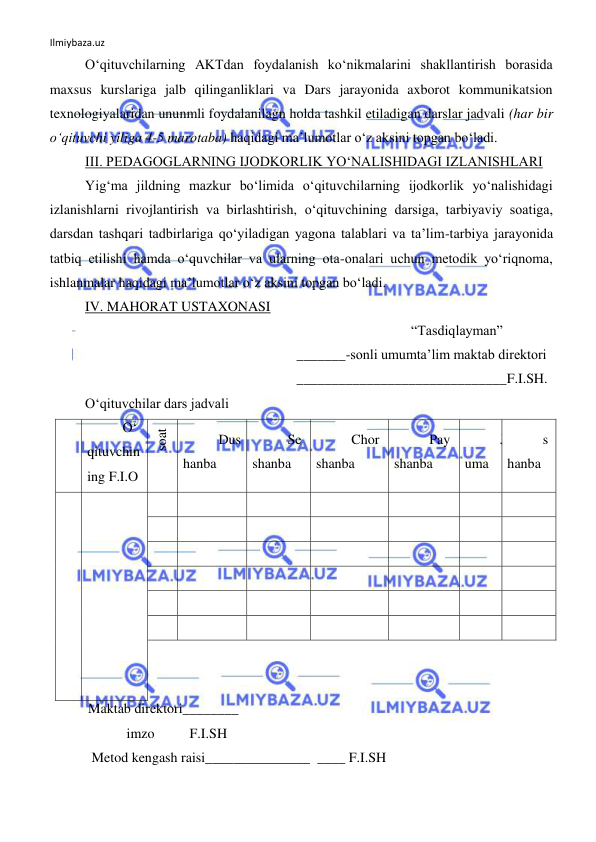 Ilmiybaza.uz 
 
O‘qituvchilarning AKTdan foydalanish ko‘nikmalarini shakllantirish borasida 
maxsus kurslariga jalb qilinganliklari va Dars jarayonida axborot kommunikatsion 
texnologiyalaridan ununmli foydalanilagn holda tashkil etiladigan darslar jadvali (har bir 
o‘qituvchi yiliga 4-5 marotaba) haqidagi ma’lumotlar o‘z aksini topgan bo‘ladi. 
III. PEDAGOGLARNING IJODKORLIK YO‘NALISHIDAGI IZLANISHLARI 
Yig‘ma jildning mazkur bo‘limida o‘qituvchilarning ijodkorlik yo‘nalishidagi 
izlanishlarni rivojlantirish va birlashtirish, o‘qituvchining darsiga, tarbiyaviy soatiga, 
darsdan tashqari tadbirlariga qo‘yiladigan yagona talablari va ta’lim-tarbiya jarayonida 
tatbiq etilishi hamda o‘quvchilar va ularning ota-onalari uchun metodik yo‘riqnoma, 
ishlanmalar haqidagi ma’lumotlar o‘z aksini topgan bo‘ladi. 
IV. MAHORAT USTAXONASI 
 
“Tasdiqlayman” 
 
_______-sonli umumta’lim maktab direktori 
 
______________________________F.I.SH. 
O‘qituvchilar dars jadvali 
№ O‘
qituvchin
ing F.I.O 
soat 
Dus
hanba 
Se
shanba 
Chor
shanba 
Pay
shanba 
J
uma 
s
hanba 
1 
 
1 
 
 
 
 
 
 
2 
 
 
 
 
 
 
3 
 
 
 
 
 
 
4 
 
 
 
 
 
 
5 
 
 
 
 
 
 
6 
 
 
 
 
 
 
Maktab direktori________ 
           imzo          F.I.SH           
 Metod kengash raisi_______________  ____ F.I.SH 
