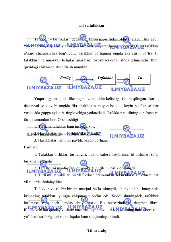  
 
 
 Til va tafakkur 
 
 
Tafakkur – bu fikrlash deganidir. Inson gapirishdan oldin o‘ylaydi, fikrlaydi. 
“Avval o‘yla, keyin so‘yla” degan maqol bejiz yaratilmagan. Demak, til va tafakkur 
o‘zaro chambarchas bog‘liqdir. Tafakkur borliqning ongda aks etishi bo‘lsa, til 
tafakkurning muayyan belgilar (masalan, tovushlar) orqali ifoda qilinishidir. Buni 
quyidagi chizmada aks ettirish mumkin: 
 
 
Yuqoridagi maqolda fikrning so‘zdan oldin kelishiga ishora qilingan. Borliq 
dastavval so‘zlovchi ongida fikr shaklida namoyon bo‘ladi, keyin bu fikr so‘zlar 
vositasida gapga aylanib, tinglovchiga yetkaziladi. Tafakkur va tilning o‘xshash va 
farqli tomonlari bor. O‘xshashligi: 
1. Til ham, tafakkur ham insonga xos.  
2. Har ikkalasi ham borliqni aks ettiradi. 
3. Har ikkalasi ham bir paytda paydo bo‘lgan. 
Farqlari: 
1. Tafakkur birliklari tushuncha, hukm, xulosa hisoblansa, til birliklari so‘z, 
birikma va gapdir.  
2. Tafakkurni mantiq fani o‘rgansa, tilni tilshunoslik o‘rganadi. 
3. Turli millat vakillari bir xil fikrlashlari mumkin, lekin ular o‘z fikrlarini har 
xil tillarda ifodalaydilar.  
Tafakkur va til bir-birisiz mavjud bo‘la olmaydi, chunki til bo‘lmaganida 
insonning tafakkuri yuzaga chiqmagan bo‘lar edi. Xuddi shuningdek, tafakkur 
bo‘lmasa, tilga hech qanday ehtiyoj yo‘q. Biz bu o‘rinda til deganda fikrni 
ifodalovchi har qanday vositani nazarda tutyapmiz: kar-soqovlarning imo-ishora tili, 
yo‘l harakati belgilari va boshqalar ham shu jumlaga kiradi.  
 
 Til va nutq 
Borliq 
Tafakkur 
Til 
