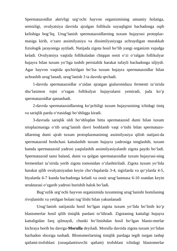 Spermatazoidlar  aktivligi  urg‘ochi  hayvon  organizmining  umumiy  holatiga,
semizligi,  ovulyatsiya  davrida  ajralgan  follikula  suyuqligini  bachadonga  oqib
kelishiga  bog‘liq.  Urug‘lanish  spermatazoidlarning  tuxum  hujayrasi  protoplaz-
masiga  kirib,  o‘zaro  assimilyasiya  va  dissimilyasiyaga  uchraydigan  murakkab
fiziologik jarayoniga aytiladi. Natijada zigota hosil bo‘lib yangi organizm vujudga
keladi. Ovulyatsiya vaqtida follikuladan chiqqan oosit o‘zi o‘ralgan follikulyar
hujayra bilan tuxum yo‘liga tushib peristaltik harakat tufayli bachadonga siljiydi.
Agar  hayvon  vaqtida  qochirilgan  bo‘lsa  tuxum  hujayra  spermatazoidlar  bilan
uchrashib urug‘lanadi, urug‘lanish 3 ta davrda qechadi.
1-davrda spermatazoidlar  o‘zidan ajratgan  gialuronidaza fermenti  ta’sirida
shu’lasimon  tojni  o‘ragan  follikulyar  hujayralarni  yemiradi,  juda  ko‘p
spermatazoidlar qatnashadi.
2-davrda spermatazoidlarning ko‘pchiligi tuxum hujayrasining ichidagi tiniq
va sariqlik parda o‘rtasidagi bo‘shliqga kiradi. 
3-davrada  sariqlik  oldi  bo‘shliqdan  bitta  spermatazoid  dumi  bilan  tuxum
sitoplazmasiga o‘tib urug‘lanish davri boshlanib vaqt o‘tishi bilan spermatazo-
idlarning  dumi  ajrab  tuxum  protoplazmasining  assimilyasiya  qilish  natijasi-da
spermatazoid boshchasi kattalashib tuxum hujayra yadrosiga tenglashib, tuxum
hamda spermatazoid yadrosi yaqinlashib assimilyasiyalanib zigota paydo bo‘ladi.
Spermatazoid tansi baland, dumi va qolgan spermatazoidlar tuxum hujayrasi-ning
fermentlari ta’sirida yerib zigota tomonidan o‘zlashtiriladi. Zigota tuxum yo‘lida
harakat qilib ovulyatsiyadan keyin cho‘chqalarda 3-4, sigirlarda va qo‘ylarda 4-5,
biyalarda 6-7 kunda bachadonga keladi va oosit urug‘lanmasa 6-10 soatdan keyin
strukturasi o‘zgarib yadrosi burishib halok bo‘ladi.
Bug‘ozlik urg‘ochi hayvon organizmida tuxumning urug‘lanishi homilaning
rivojlanishi va yetilgan bolani tug‘ilishi bilan yakunlanadi
Urug‘lanish natijasida hosil bo‘lgan zigota tuxum yo‘lida bo‘linib ko‘p
blastomerlar hosil qilib tiniqlik pardani to‘ldiradi. Zigotaning kattaligi hujayra
kattaligidan  farq  qilmaydi,  chunki  bo‘linishdan  hosil  bo‘lgan  blasto-merlar
kichraya borib bu davrga-Morulla deyiladi. Morulla davrida zigota tuxum yo‘lidan
bachadon shoxiga tushadi. Blostomerlarning tiniqlik pardaga tegib turgan tashqi
qatlami-trofoblast  (ozuqalantiruvchi  qatlam)  trofoblast  ichidagi  blastomerlar
