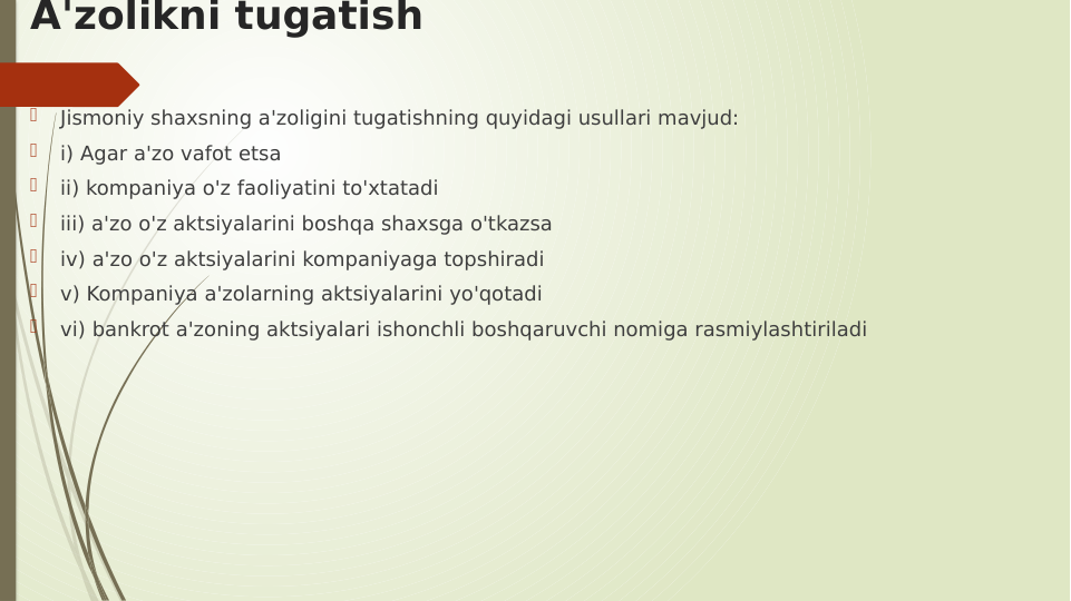 A'zolikni tugatish

Jismoniy shaxsning a'zoligini tugatishning quyidagi usullari mavjud:

i) Agar a'zo vafot etsa

ii) kompaniya o'z faoliyatini to'xtatadi

iii) a'zo o'z aktsiyalarini boshqa shaxsga o'tkazsa

iv) a'zo o'z aktsiyalarini kompaniyaga topshiradi

v) Kompaniya a'zolarning aktsiyalarini yo'qotadi

vi) bankrot a'zoning aktsiyalari ishonchli boshqaruvchi nomiga rasmiylashtiriladi
