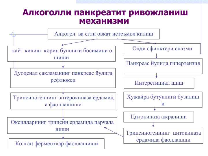 Алкоголли панкреатит ривожланиш 
механизми 
Алкогол  ва ёгли овкат истеъмол килиш
кайт килиш  корин бушлиги босимини о
шиши
Одди сфинктери спазми
Дуоденал сакламанинг панкреас йулига 
рефлюкси
Оксилларнинг трипсин ердамида парчала
ниши 
Колган ферментлар фаоллашиши
Панкреас йулида гипертензия
Интерстициал шиш 
Трипсиногеннинг энтерокиназа ёрдамид
а фаоллашиши 
Хужайра бутунлиги бузилиш
и
Цитокиназа ажралиши 
Трипсиногеннинг  цитокиназа 
ёрдамида фаоллашши 
