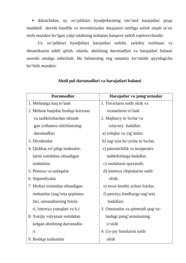 
ikkinchidan,  uy  xo‘jaliklari  byudjetlarining  iste’mol  harajatlari  qisqa
muddatli  davrda bandlik va investitsiyalar darajasini tartibga solish orqali ta’sir
etish mumkin bo‘lgan yalpi talabning nisbatan barqaror tarkib toptiruvchisidir.
Uy  xo‘jaliklari  byudjetlari  harajatlari  tarkibi,  tarkibiy  tuzilmasi  va
dinamikasini  tahlil  qilish, odatda, aholining daromadlari va harajatlari balansi
asosida  amalga oshiriladi.  Bu  balansning  eng  umumiy  ko‘rinishi  quyidagicha
bo‘lishi mumkin:
Aholi pul daromadlari va harajatlari balansi
Daromadlar
Harajatlar va jamg‘armalar
1. Mehnatga haq to‘lash
2. Mehnat haqidan boshqa korxona
     va tashkilotlardan olinadi-
     gan yollanma ishchilarning
     daromadlari
3. Dividentlar
4. Qishloq xo‘jaligi mahsulot-
    larini sotishdan olinadigan
    tushumlar
5. Pensiya va nafaqalar
6. Stipendiyalar
7. Moliya tizimidan olinadigan
    tushumlar (sug‘urta qoplama-
    lari, omonatlarning foizla-
    ri, lotereya yutuqlari va b.)
8. Xorijiy valyutani sotishdan
    kelgan aholining daromadla-
    ri
9. Boshqa tushumlar
1. Tovarlarni sotib olish va 
     xizmatlarni to‘lash
2. Majburiy to‘lovlar va
ixtiyoriy  badallar:
 a) soliqlar va yig‘imlar;
 b) sug‘urta bo‘yicha to‘lovlar;
 v) jamoatchilik va kooperativ
     tashkilotlarga badallar;
  c) ssudalarni qaytarish;
  d) lotereya chiptalarini sotib
       olish;
  e) tovar krediti uchun foizlar;
  f) pensiya fondlariga sug‘urta
      badallari;
3. Omonatlar va qimmatli qog‘oz-
    lardagi jamg‘armalarning
     o‘sishi
4. Uy-joy binolarini sotib
     olish
