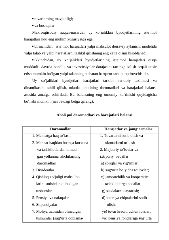 tovarlarning mavjudligi;
va boshqalar.
Makroiqtisodiy  nuqtai-nazardan  uy  xo‘jaliklari  byudjetlarining  iste’mol
harajatlari ikki eng muhim xususiyatga ega:
birinchidan,  iste’mol harajatlari yalpi mahsulot doiraviy aylanishi modelida
yalpi talab va yalpi harajatlarni tashkil qilishning eng katta qismi hisoblanadi;
ikkinchidan,  uy  xo‘jaliklari  byudjetlarining  iste’mol  harajatlari  qisqa
muddatli  davrda bandlik va investitsiyalar darajasini tartibga solish orqali ta’sir
etish mumkin bo‘lgan yalpi talabning nisbatan barqaror tarkib toptiruvchisidir.
Uy  xo‘jaliklari  byudjetlari  harajatlari  tarkibi,  tarkibiy  tuzilmasi  va
dinamikasini  tahlil  qilish, odatda, aholining daromadlari va harajatlari balansi
asosida  amalga oshiriladi.  Bu  balansning  eng  umumiy  ko‘rinishi  quyidagicha
bo‘lishi mumkin (navbatdagi betga qarang):
Aholi pul daromadlari va harajatlari balansi
Daromadlar
Harajatlar va jamg‘armalar
1. Mehnatga haq to‘lash
2. Mehnat haqidan boshqa korxona
     va tashkilotlardan olinadi-
     gan yollanma ishchilarning
     daromadlari
3. Dividentlar
4. Qishloq xo‘jaligi mahsulot-
    larini sotishdan olinadigan
    tushumlar
5. Pensiya va nafaqalar
6. Stipendiyalar
7. Moliya tizimidan olinadigan
    tushumlar (sug‘urta qoplama-
1. Tovarlarni sotib olish va
     xizmatlarni to‘lash
2. Majburiy to‘lovlar va
ixtiyoriy  badallar:
 a) soliqlar va yig‘imlar;
 b) sug‘urta bo‘yicha to‘lovlar;
 v) jamoatchilik va kooperativ
     tashkilotlarga badallar;
  g) ssudalarni qaytarish;
  d) lotereya chiptalarini sotib
       olish;
  ye) tovar krediti uchun foizlar;
  yo) pensiya fondlariga sug‘urta
