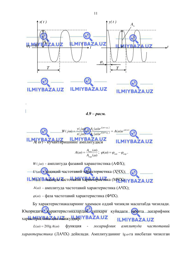  
 
11 
 
 
 
 
 
 
 
 
 
 
 
 
4.9 – расм. 
 
)
(
]
[
]
[
( )
)
(
)
(
)
(
)
(
)
(












j
t
j
к
t
j
ч
e
A
e
A
e
A
j
x
y j
j
W
к
ч





 
)
(
A   - кучайтиришнинг амплитудаси 
)
(
( )
( )



кир
чик
A
A
A

; 
кир
чик


 

( ) 
. 
( )
W j
 - амплитуда фазавий харакетистика (АФХ); 
U ()
 - ҳақиқий частотавий характеристика (ҲЧХ); 
V ()
  - мавҳум частотавий характеристика (МЧХ); 
A()
 - амплитуда частотавий характеристика (АЧХ); 
()
 - фаза частотавий характеристика (ФЧХ). 
Бу характеристиакаларнинг ҳаммаси оддий чизиқли масштабда чизилади. 
Юқоридаги характеристикалардан ташқари қуйидаги иккита логарифмик 
характеристика ҳам мавжуддир. 
20lg ( )
( )


A
L

 
функция 
- 
логарифмик 
амплитуда 
частотавий 
характеристика (ЛАЧХ) дейилади. Амплитуданинг 
lg
га нисбатан чизилган 
T
 
t
 
Ak
 
)
t(x
 
k  0
 
T
 
t  
ч
A  
)
t(y
 
ч
  
