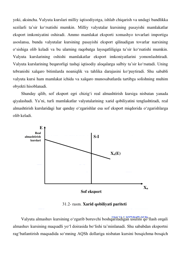  
 
yoki, aksincha. Valyuta kurslari milliy iqtisodiyotga, ishlab chiqarish va undagi bandlikka 
sezilarli ta’sir koʻrsatishi mumkin. Milliy valyutalar kursining pasayishi mamlakatlar 
eksport imkoniyatini oshiradi. Ammo mamlakat eksporti xomashyo tovarlari importiga 
asoslansa, bunda valyutalar kursining pasayishi eksport qilinadigan tovarlar narxining 
oʻsishiga olib keladi va bu ularning raqobatga layoqatliligiga ta’sir koʻrsatishi mumkin. 
Valyuta kurslarining oshishi mamlakatlar eksport imkoniyatlarini yomonlashtiradi. 
Valyuta kurslarining beqarorligi tashqi iqtisodiy aloqalarga salbiy ta’sir koʻrsatadi. Uning 
tebranishi xalqaro bitimlarda noaniqlik va tahlika darajasini koʻpaytiradi. Shu sababli 
valyuta kursi ham mamlakat ichida va xalqaro munosabatlarda tartibga solishning muhim 
obyekti hisoblanadi.  
Shunday qilib, sof eksport egri chizigʻi real almashtirish kursiga nisbatan yanada 
qiyalashadi. Ya’ni, turli mamlakatlar valyutalarining xarid qobiliyatini tenglashtiradi, real 
almashtirish kurslaridagi har qanday oʻzgarishlar esa sof eksport miqdorida oʻzgarishlarga 
olib keladi. 
 
 
 
 
 
 
 
 
 
 
 
31.2- rasm. Xarid qobiliyati pariteti 
 
Valyuta almashuv kursining oʻzgarib boruvchi boshqariladigan usulini qoʻllash orqali 
almashuv kursining maqsadli yoʻl doirasida boʻlishi ta’minlanadi. Shu sababdan eksportni 
ragʻbatlantirish maqsadida soʻmning AQSh dollariga nisbatan kursini bosqichma-bosqich 
Real 
almashtirish 
kurslari 
E 
S-I 
Xa(E) 
Sof eksport 
Xn 
