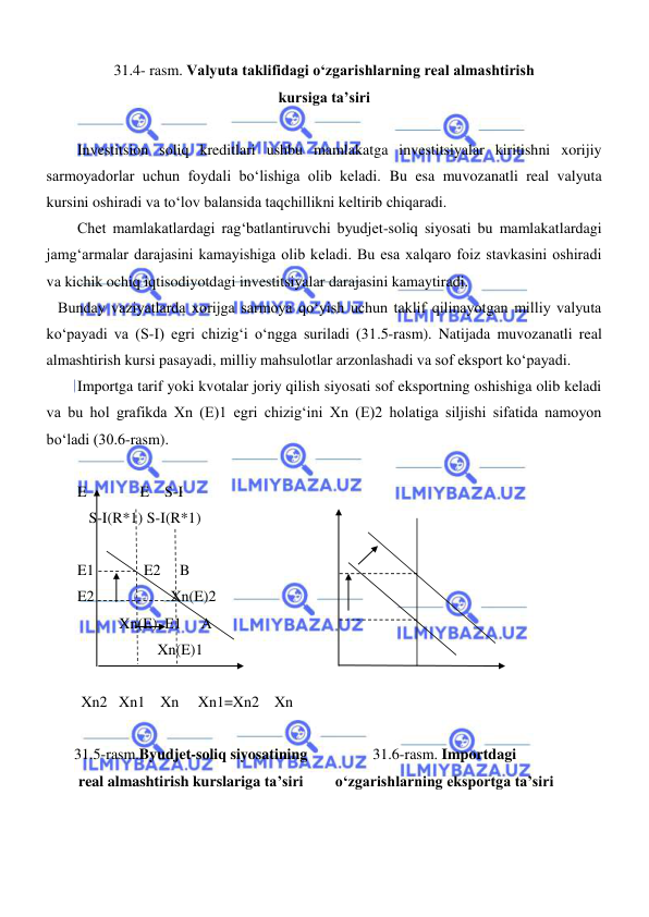  
 
31.4- rasm. Valyuta taklifidagi oʻzgarishlarning real almashtirish  
kursiga ta’siri 
 
Investitsion soliq kreditlari ushbu mamlakatga investitsiyalar kiritishni xorijiy 
sarmoyadorlar uchun foydali boʻlishiga olib keladi. Bu esa muvozanatli real valyuta 
kursini oshiradi va toʻlov balansida taqchillikni keltirib chiqaradi.  
Chet mamlakatlardagi ragʻbatlantiruvchi byudjet-soliq siyosati bu mamlakatlardagi 
jamgʻarmalar darajasini kamayishiga olib keladi. Bu esa xalqaro foiz stavkasini oshiradi 
va kichik ochiq iqtisodiyotdagi investitsiyalar darajasini kamaytiradi.  
   Bunday vaziyatlarda xorijga sarmoya qoʻyish uchun taklif qilinayotgan milliy valyuta 
koʻpayadi va (S-I) egri chizigʻi oʻngga suriladi (31.5-rasm). Natijada muvozanatli real 
almashtirish kursi pasayadi, milliy mahsulotlar arzonlashadi va sof eksport koʻpayadi. 
Importga tarif yoki kvotalar joriy qilish siyosati sof eksportning oshishiga olib keladi 
va bu hol grafikda Xn (E)1 egri chizigʻini Xn (E)2 holatiga siljishi sifatida namoyon 
boʻladi (30.6-rasm). 
 
E              E    S-I 
   S-I(R*1) S-I(R*1) 
 
E1             E2     B 
E2                    Xn(E)2 
           Xn(E)  E1     A  
                     Xn(E)1 
    
 Xn2   Xn1    Xn     Xn1=Xn2    Xn               
  
31.5-rasm.Byudjet-soliq siyosatining 
real almashtirish kurslariga ta’siri 
31.6-rasm. Importdagi 
oʻzgarishlarning eksportga ta’siri 
 
