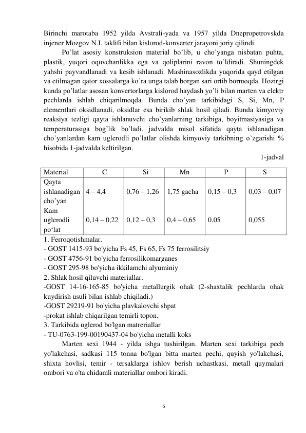 6 
 
Birinchi marotaba 1952 yilda Avstrali-yada va 1957 yilda Dnepropetrovskda 
injener Mozgov N.I. taklifi bilan kislorod-konverter jarayoni joriy qilindi.  
 
Po’lat asosiy konstruksion material bo’lib, u cho’yanga nisbatan puhta, 
plastik, yuqori oquvchanlikka ega va qoliplarini ravon to’ldiradi. Shuningdek 
yahshi payvandlanadi va kesib ishlanadi. Mashinasozlikda yuqorida qayd etilgan 
va etilmagan qator xossalarga ko’ra unga talab borgan sari ortib bormoqda. Hozirgi 
kunda po’latlar asosan konvertorlarga kislorod haydash yo’li bilan marten va elektr 
pechlarda ishlab chiqarilmoqda. Bunda cho’yan tarkibidagi S, Si, Mn, P 
elementlari oksidlanadi, oksidlar esa birikib shlak hosil qiladi. Bunda kimyoviy 
reaksiya tezligi qayta ishlanuvchi cho’yanlarning tarkibiga, boyitmasiyasiga va 
temperaturasiga bog’lik bo’ladi. jadvalda misol sifatida qayta ishlanadigan 
cho’yanlardan kam uglerodli po’latlar olishda kimyoviy tarkibning o’zgarishi % 
hisobida 1-jadvalda keltirilgan. 
1-jadval 
Material 
         C 
         Si 
       Mn 
         P 
        S 
Qayta 
ishlanadigan 
cho’yan 
Kam 
uglerodli 
po‘lat 
 
4 – 4,4 
 
 
0,14 – 0,22 
 
0,76 – 1,26 
 
 
0,12 – 0,3 
 
1,75 gacha 
 
 
0,4 – 0,65 
 
 
0,15 – 0,3 
 
 
0,05 
 
0,03 – 0,07 
 
 
0,055 
1. Ferroqotishmalar. 
- GOST 1415-93 bo'yicha Fs 45, Fs 65, Fs 75 ferrosilitsiy 
- GOST 4756-91 bo'yicha ferrosilikomarganes 
- GOST 295-98 bo'yicha ikkilamchi alyuminiy 
2. Shlak hosil qiluvchi materiallar. 
-GOST 14-16-165-85 bo'yicha metallurgik ohak (2-shaxtalik pechlarda ohak 
kuydirish usuli bilan ishlab chiqiladi.) 
-GOST 29219-91 bo'yicha plavkalovchi shpat 
-prokat ishlab chiqarilgan temirli topon. 
3. Tarkibida uglerod bo'lgan matreriallar 
- TU-0763-199-00190437-04 bo'yicha metalli koks 
 
Marten sexi 1944 - yilda ishga tushirilgan. Marten sexi tarkibiga pech 
yo'lakchasi, sadkasi 115 tonna bo'lgan bitta marten pechi, quyish yo'lakchasi, 
shixta hovlisi, temir - tersaklarga ishlov berish uchastkasi, metall quymalari 
ombori va o'ta chidamli materiallar ombori kiradi. 
