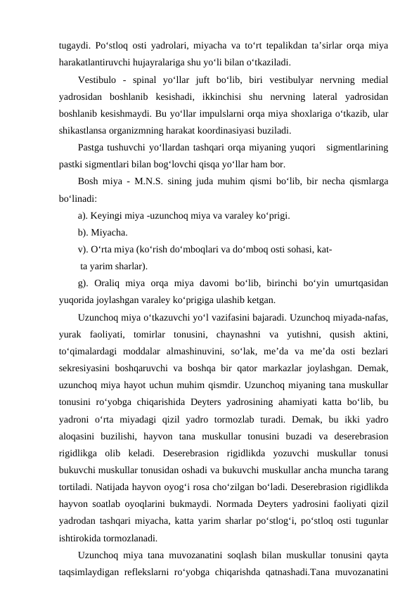 tugaydi. Po‘stloq osti yadrolari, miyacha va to‘rt tepalikdan ta’sirlar orqa miya
harakatlantiruvchi hujayralariga shu yo‘li bilan o‘tkaziladi.
Vestibulo  -  spinal  yo‘llar  juft  bo‘lib,  biri  vestibulyar  nervning  medial
yadrosidan  boshlanib  kesishadi,  ikkinchisi  shu  nervning  lateral  yadrosidan
boshlanib kesishmaydi. Bu yo‘llar impulslarni orqa miya shoxlariga o‘tkazib, ular
shikastlansa organizmning harakat koordinasiyasi buziladi.
Pastga tushuvchi yo‘llardan tashqari orqa miyaning yuqori   sigmentlarining
pastki sigmentlari bilan bog‘lovchi qisqa yo‘llar ham bor.         
Bosh miya - M.N.S. sining juda muhim qismi bo‘lib, bir necha qismlarga
bo‘linadi:
a). Keyingi miya -uzunchoq miya va varaley ko‘prigi.
b). Miyacha.
v). O‘rta miya (ko‘rish do‘mboqlari va do‘mboq osti sohasi, kat-
 ta yarim sharlar).
g).  Oraliq  miya  orqa  miya  davomi  bo‘lib,  birinchi  bo‘yin  umurtqasidan
yuqorida joylashgan varaley ko‘prigiga ulashib ketgan. 
Uzunchoq miya o‘tkazuvchi yo‘l vazifasini bajaradi. Uzunchoq miyada-nafas,
yurak  faoliyati,  tomirlar  tonusini,  chaynashni  va  yutishni,  qusish  aktini,
to‘qimalardagi  moddalar  almashinuvini,  so‘lak,  me’da  va  me’da  osti  bezlari
sekresiyasini  boshqaruvchi va boshqa bir qator markazlar joylashgan. Demak,
uzunchoq miya hayot uchun muhim qismdir. Uzunchoq miyaning tana muskullar
tonusini  ro‘yobga chiqarishida  Deyters  yadrosining ahamiyati  katta  bo‘lib, bu
yadroni  o‘rta  miyadagi  qizil  yadro  tormozlab  turadi.  Demak,  bu  ikki  yadro
aloqasini  buzilishi,  hayvon  tana  muskullar  tonusini  buzadi  va  deserebrasion
rigidlikga  olib  keladi.  Deserebrasion  rigidlikda  yozuvchi  muskullar  tonusi
bukuvchi muskullar tonusidan oshadi va bukuvchi muskullar ancha muncha tarang
tortiladi. Natijada hayvon oyog‘i rosa cho‘zilgan bo‘ladi. Deserebrasion rigidlikda
hayvon soatlab oyoqlarini bukmaydi. Normada Deyters yadrosini faoliyati qizil
yadrodan tashqari miyacha, katta yarim sharlar po‘stlog‘i, po‘stloq osti tugunlar
ishtirokida tormozlanadi.
Uzunchoq miya tana muvozanatini soqlash bilan muskullar tonusini qayta
taqsimlaydigan reflekslarni ro‘yobga chiqarishda qatnashadi.Tana muvozanatini
