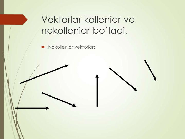 Vektorlar kolleniar va 
nokolleniar bo`ladi.
 Nokolleniar vektorlar:
