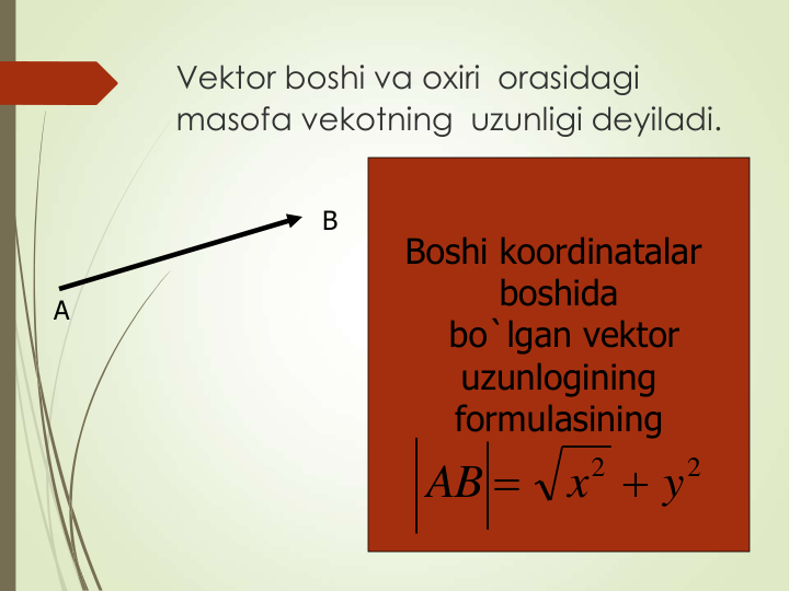 Vektor boshi va oxiri  orasidagi 
masofa vekotning  uzunligi deyiladi.
A
B
Boshi koordinatalar 
boshida
bo`lgan vektor
uzunlogining 
formulasining
2
2
y
x
AB


