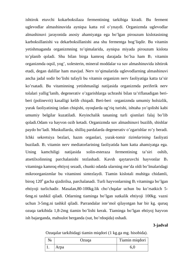 ishtirok  etuvchi  kokarboksilaza  fermentining  tarkibiga  kiradi.  Bu  ferment
uglevodlar  almashinuvida  ayniqsa  katta  rol  o’ynaydi.  Organizmda  uglevodlar
almashinuvi  jarayonida  asosiy  ahamiyatga  ega  bo’lgan pirouzum  kislotasining
karboksillanishi va dekarboksillanishi ana shu fermentga bog’liqdir. Bu vitamin
yetishmaganda  organizmning  to’qimalarida,  ayniqsa  miyada  pirouzum  kislota
to’planib  qoladi.  Shu  bilan  birga  kamroq  darajada  bo’lsa  ham  B1 vitamin
organizmda oqsil, yog’, xolesterin, mineral moddalar va suv almashinuvida ishtirok
etadi, degan dalillar ham mavjud. Nerv to’qimalarida uglevodlarning almashinuvi
ancha jadal sodir bo’lishi tufayli bu vitamin organizm nerv faoliyatiga katta ta’sir
ko’rsatadi.  Bu  vitaminning  yetishmasligi  natijasida  organizmda  periferik  nerv
tolalari yallig’lanib, degenerativ o’zgarishlarga uchrashi bilan ta’riflanadigan beri-
beri (polinevrit) kasalligi kelib chiqadi. Beri-beri  organizmda umumiy holsizlik,
yurak faoliyatining izdan chiqishi, oyoqlarda og’riq turishi, ishtaha yo’qolishi kabi
umumiy  belgilar  kuzatiladi.  Keyinchalik  tananing  turli  qismlari  falaj  bo’lib
qoladi.Odam va hayvon ozib ketadi. Organizmda suv almashinuvi buzilib, shishlar
paydo bo’ladi. Muskullarda, shilliq pardalarda degenerativ o’zgarishlar ro’y beradi.
Ichki  sekretsiya  bezlari,  hazm  organlari,  yurak-tomir  tizimlarining faoliyati
buziladi. B1 vitamin nerv mediatorlarining faoliyatida ham katta ahamiyatga ega.
Uning  kamchiligi  natijasida  xolin-esteraza  fermentining  ta’siri  oshib,
atsetilxolinning  parchalanishi  tezlashadi.  Kavsh  qaytaruvchi  hayvonlar  B1
vitaminga kamroq ehtiyoj sezadi, chunki odatda ularning me’da oldi bo’lmalaridagi
mikroorganizmlar bu vitaminni sintezlaydi. Tiamin kislotali muhitga chidamli,
biroq 1200 gacha qizdirilsa, parchalanadi. Turli hayvonlarning B1 vitaminga bo’lgan
ehtiyoji turlichadir. Masalan,80-100kg.lik cho’chqalar uchun bu ko’rsatkich 5-
6mg.ni tashkil qiladi. Otlarning tiaminga bo’lgan sutkalik ehtiyoji 100kg. vazni
uchun 3-5mg.ni tashkil qiladi. Parrandalar iste’mol qilayotgan har bir kg. quruq
ozuqa tarkibida 1,8-2mg tiamin bo’lishi kerak. Tiaminga bo’lgan ehtiyoj hayvon
ish bajarganda, mahsulot berganda (sut, bo’rdoqida) oshadi.
                                                             3-jadval
Ozuqalar tarkibidagi tiamin miqdori (1 kg.ga mg. hisobida).
№
Ozuqa
Tiamin miqdori
1.
Arpa
6,0

