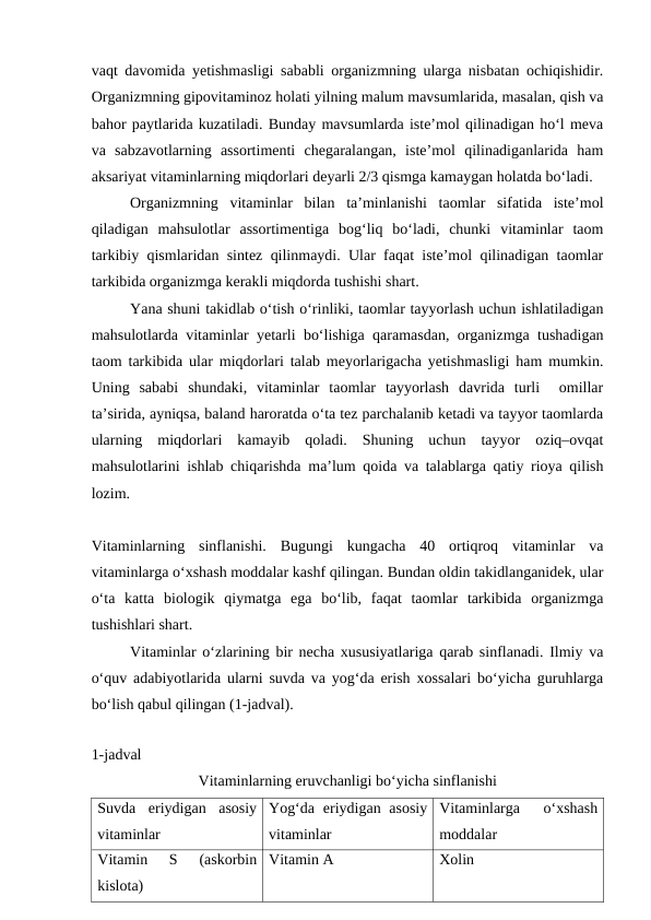 vaqt davomida yetishmasligi sababli organizmning ularga nisbatan ochiqishidir.
Organizmning gipovitaminoz holati yilning malum mavsumlarida, masalan, qish va
bahor paytlarida kuzatiladi. Bunday mavsumlarda iste’mol qilinadigan ho‘l meva
va  sabzavotlarning  assortimenti  chegaralangan,  iste’mol  qilinadiganlarida  ham
aksariyat vitaminlarning miqdorlari deyarli 2/3 qismga kamaygan holatda bo‘ladi.
Organizmning  vitaminlar  bilan  ta’minlanishi  taomlar  sifatida  iste’mol
qiladigan  mahsulotlar  assortimentiga  bog‘liq  bo‘ladi,  chunki  vitaminlar  taom
tarkibiy qismlaridan sintez qilinmaydi. Ular faqat iste’mol qilinadigan taomlar
tarkibida organizmga kerakli miqdorda tushishi shart.
Yana shuni takidlab o‘tish o‘rinliki, taomlar tayyorlash uchun ishlatiladigan
mahsulotlarda vitaminlar yetarli bo‘lishiga qaramasdan, organizmga tushadigan
taom tarkibida ular miqdorlari talab meyorlarigacha yetishmasligi ham mumkin.
Uning  sababi  shundaki,  vitaminlar  taomlar  tayyorlash  davrida  turli   omillar
ta’sirida, ayniqsa, baland haroratda o‘ta tez parchalanib ketadi va tayyor taomlarda
ularning  miqdorlari  kamayib  qoladi.  Shuning  uchun  tayyor  oziq–ovqat
mahsulotlarini ishlab chiqarishda ma’lum qoida va talablarga qatiy rioya qilish
lozim.
Vitaminlarning  sinflanishi.  Bugungi  kungacha  40  ortiqroq  vitaminlar  va
vitaminlarga o‘xshash moddalar kashf qilingan. Bundan oldin takidlanganidek, ular
o‘ta  katta  biologik  qiymatga  ega  bo‘lib,  faqat  taomlar  tarkibida  organizmga
tushishlari shart.
Vitaminlar o‘zlarining bir necha xususiyatlariga qarab sinflanadi. Ilmiy va
o‘quv adabiyotlarida ularni suvda va yog‘da erish xossalari bo‘yicha guruhlarga
bo‘lish qabul qilingan (1-jadval).
 
1-jadval 
Vitaminlarning eruvchanligi bo‘yicha sinflanishi
Suvda  eriydigan  asosiy
vitaminlar
Yog‘da  eriydigan asosiy
vitaminlar
Vitaminlarga  o‘xshash
moddalar
Vitamin  S  (askorbin
kislota)
Vitamin A 
Xolin
