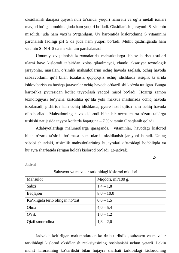 oksidlanish darajasi quyosh nuri ta’sirida, yuqori haroratli va og‘ir metall ionlari
mavjud bo‘lgan muhitda juda ham yuqori bo‘ladi. Oksidlanish jarayoni S vitamin
misolida juda ham yaxshi o‘rganilgan. Uy haroratida kislorodning S vitaminini
parchalash faolligi pH 5 da juda ham yuqori bo‘ladi. Muhit qizdirilganda ham
vitamin S rN 4–5 da maksimum parchalanadi.
Umumiy  ovqatlanish  korxonalarida  mahsulotlarga  ishlov  berish  usullari
ularni havo kislorodi ta’siridan xolos qilaolmaydi, chunki aksariyat texnologik
jarayonlar, masalan, o‘simlik mahsulotlarini ochiq havoda saqlash, ochiq havoda
sabzavotlarni  qo‘l  bilan  tozalash,  qopqoqsiz  ochiq  idishlarda  issiqlik  ta’sirida
ishlov berish va boshqa jarayonlar ochiq havoda o‘tkazilishi ko‘zda tutilgan. Bunga
kartoshka  pyuresidan  kotlet  tayyorlash  yaqqol  misol  bo‘ladi.  Hozirgi  zamon
texnologiyasi bo‘yicha kartoshka qo‘lda yoki maxsus mashinada ochiq havoda
tozalanadi, pishirish ham ochiq idishlarda, pyure hosil qilish ham ochiq havoda
olib boriladi. Mahsulotning havo kislorodi bilan bir necha marta o‘zaro ta’sirga
tushishi natijasida tayyor kotletda faqatgina – 7 % vitamin C saqlanib qoladi.
Adabiyotlardagi malumotlarga qaraganda,  vitaminlar, havodagi  kislorod
bilan o‘zaro ta’sirda bo‘lmasa ham  ularda oksidlanish  jarayoni  boradi. Uning
sababi shundaki, o‘simlik mahsulotlarining hujayralari o‘rtasidagi bo‘shliqda va
hujayra sharbatida (erigan holda) kislorod bo‘ladi. (2-jadval).
2-
Jadval
Sabzavot va mevalar tarkibidagi kislorod miqdori
Mahsulot
Miqdori, ml/100 g.
Sabzi
1,4 – 1,8
Baqlajon
8,0 – 10,0
Ko‘kligida terib olingan no‘xat
0,6 – 1,5
Olma
4,0 – 5,4
O‘rik
1,0 – 1,2
Qizil smorodina
1,8 – 2,0
Jadvalda keltirilgan malumotlardan ko‘rinib turibdiki, sabzavot va mevalar
tarkibidagi kislorod oksidlanish reaksiyasining boshlanishi uchun yetarli. Lekin
muhit  haroratining  ko‘tarilishi  bilan  hujayra  sharbati  tarkibidagi  kislorodning
