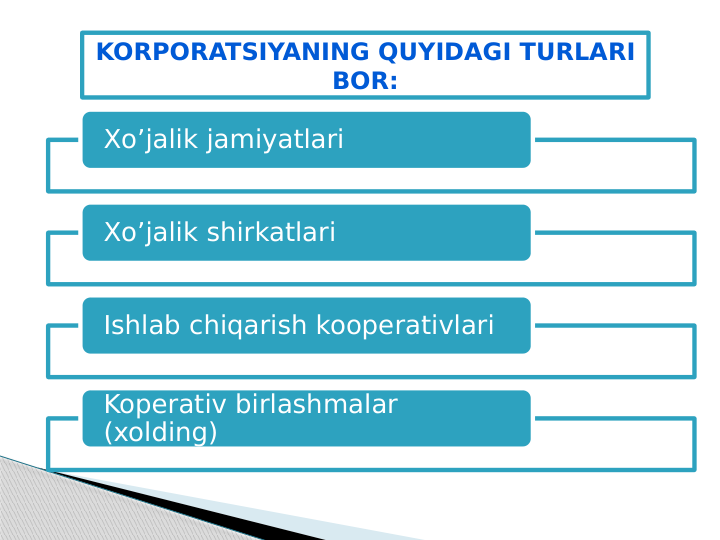 Xo’jalik jamiyatlari 
Xo’jalik shirkatlari
Ishlab chiqarish kooperativlari
Koperativ birlashmalar 
(xolding)
KORPORATSIYANING QUYIDAGI TURLARI 
BOR:
