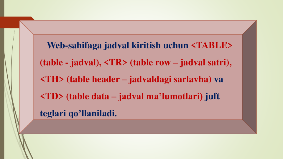 Web-sahifaga jadval kiritish uchun <TABLE> 
(table - jadval), <TR> (table row – jadval satri), 
<TH> (table header – jadvaldagi sarlavha) va 
<TD> (table data – jadval ma’lumotlari) juft 
teglari qo’llaniladi. 
