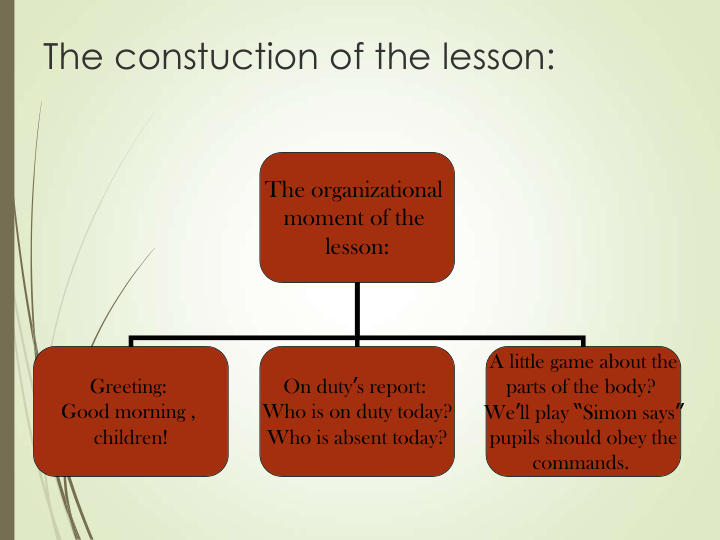 The constuction of the lesson:
The organizational 
moment of the 
lesson:
Greeting: 
Good morning , 
children!
On duty’s report: 
Who is on duty today?
Who is absent today?
A little game about the
parts of the body? 
We’ll play “Simon says”
pupils should obey the
commands. 
