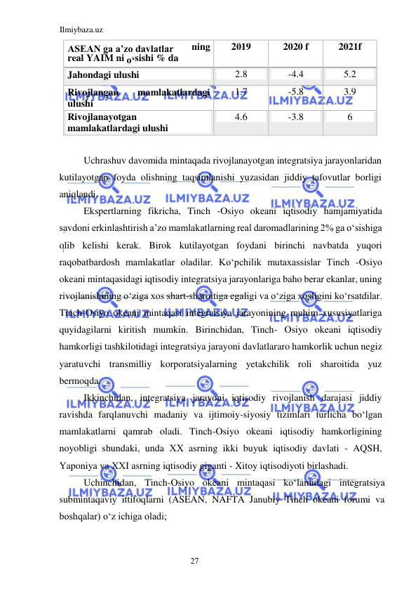 Ilmiybaza.uz 
27  
 
Uchrashuv davomida mintaqada rivojlanayotgan integratsiya jarayonlaridan 
kutilayotgan foyda olishning taqsimlanishi yuzasidan jiddiy tafovutlar borligi 
aniqlandi.  
Ekspertlarning fikricha, Tinch -Osiyo okeani iqtisodiy hamjamiyatida 
savdoni erkinlashtirish a’zo mamlakatlarning real daromadlarining 2% ga oʻsishiga 
olib kelishi kerak. Birok kutilayotgan foydani birinchi navbatda yuqori 
raqobatbardosh mamlakatlar oladilar. Koʻpchilik mutaxassislar Tinch -Osiyo 
okeani mintaqasidagi iqtisodiy integratsiya jarayonlariga baho berar ekanlar, uning 
rivojlanishining oʻziga xos shart-sharoitiga egaligi va oʻziga xosligini koʻrsatdilar. 
Tinch-Osiyo okeani mintaqasi integratsiya jarayonining muhim xususiyatlariga 
quyidagilarni kiritish mumkin. Birinchidan, Tinch- Osiyo okeani iqtisodiy 
hamkorligi tashkilotidagi integratsiya jarayoni davlatlararo hamkorlik uchun negiz 
yaratuvchi transmilliy korporatsiyalarning yetakchilik roli sharoitida yuz 
bermoqda.  
Ikkinchidan, integratsiya jarayoni iqtisodiy rivojlanish darajasi jiddiy 
ravishda farqlanuvchi madaniy va ijtimoiy-siyosiy tizimlari turlicha boʻlgan 
mamlakatlarni qamrab oladi. Tinch-Osiyo okeani iqtisodiy hamkorligining 
noyobligi shundaki, unda ХХ asrning ikki buyuk iqtisodiy davlati - AQSH, 
Yaponiya va ХХI asrning iqtisodiy giganti - Xitoy iqtisodiyoti birlashadi.  
Uchinchidan, Tinch-Osiyo okeani mintaqasi koʻlamidagi integratsiya 
submintaqaviy ittifoqlarni (ASEAN, NAFTA Janubiy Tinch okeani forumi va 
boshqalar) oʻz ichiga oladi;  
ASEAN ga a’zo davlatlar 
ning   
real YAIM ni  oʻ sishi % da     
2019   
2 
 f 
020   
f 
2021   
Jahond agi ulushi   
2.8   
- 4.4   
5.2   
Rivojlangan  
mamlakatlardagi   
ulushi   
1.7   
- 5.8   
3.9   
Rivojlanayotgan  
mamlakatlardagi ulushi   
4.6   
- 3.8   
6   
   
