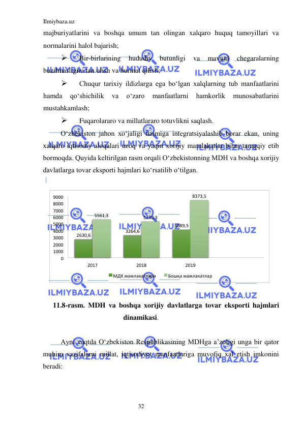 Ilmiybaza.uz 
32  
majburiyatlarini va boshqa umum tan olingan xalqaro huquq tamoyillari va 
normalarini halol bajarish;  
 
Bir-birlarining 
hududiy 
butunligi 
va 
mavjud 
chegaralarning 
buzilmasligini tan olish va hurmat qilish;  
 
Chuqur tarixiy ildizlarga ega boʻlgan xalqlarning tub manfaatlarini 
hamda 
qoʻshichilik 
va 
oʻzaro 
manfaatlarni 
hamkorlik 
munosabatlarini 
mustahkamlash;  
 
Fuqarolararo va millatlararo totuvlikni saqlash.  
Oʻzbekiston jahon xoʻjaligi tizimiga integratsiyalashib borar ekan, uning 
xalqaro iqtisodiy aloqalari uzoq va yaqin xorijiy mamlakatlar bilan taraqqiy etib 
bormoqda. Quyida keltirilgan rasm orqali Oʻzbekistonning MDH va boshqa xorijiy 
davlatlarga tovar eksporti hajmlari koʻrsatilib oʻtilgan.  
  
 
  
11.8-rasm. MDH va boshqa xorijiy davlatlarga tovar eksporti hajmlari 
dinamikasi.  
  
Ayni vaqtda Oʻzbekiston Respublikasining MDHga a’zoligi unga bir qator 
muhim vazifalarni millat, iqtisodiyot manfaatlariga muvofiq xal etish imkonini 
beradi:  
  
2630,6 
3264,6 
4089,5 
5561,3 
5230,3 
8373,5 
0 
1000 
2000 
3000 
4000 
5000 
6000 
7000 
8000 
9000 
2017 
2018 
2019 
МДХ мамлакатлари 
Бошқа мамлакатлар 
