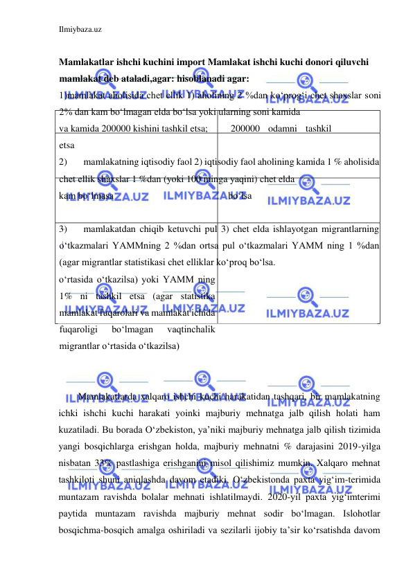 Ilmiybaza.uz 
 
  
Mamlakatlar ishchi kuchini import Mamlakat ishchi kuchi donori qiluvchi 
mamlakat deb ataladi,agar: hisoblanadi agar:  
1)mamlakat aholisida chet ellik 1) aholining 2 %dan koʻprogʻi chet shaxslar soni 
2% dan kam boʻlmagan elda boʻlsa yoki ularning soni kamida  
va kamida 200000 kishini tashkil etsa;  
200000 odamni tashkil 
etsa    
2) 
mamlakatning iqtisodiy faol 2) iqtisodiy faol aholining kamida 1 % aholisida 
chet ellik shaxslar 1 %dan (yoki 100 minga yaqini) chet elda  
kam boʻlmasa  
boʻlsa  
  
  
3) 
mamlakatdan chiqib ketuvchi pul 3) chet elda ishlayotgan migrantlarning 
oʻtkazmalari YAMMning 2 %dan ortsa pul oʻtkazmalari YAMM ning 1 %dan 
(agar migrantlar statistikasi chet elliklar koʻproq boʻlsa.  
oʻrtasida oʻtkazilsa) yoki YAMM ning 
1% ni tashkil etsa (agar statistika 
mamlakat fuqarolari va mamlakat ichida 
fuqaroligi 
boʻlmagan 
vaqtinchalik 
migrantlar oʻrtasida oʻtkazilsa)  
  
  
Mamlakatlarda xalqaro ishchi kuchi harakatidan tashqari, bir mamlakatning 
ichki ishchi kuchi harakati yoinki majburiy mehnatga jalb qilish holati ham 
kuzatiladi. Bu borada Oʻzbekiston, ya’niki majburiy mehnatga jalb qilish tizimida 
yangi bosqichlarga erishgan holda, majburiy mehnatni % darajasini 2019-yilga 
nisbatan 33% pastlashiga erishganini misol qilishimiz mumkin. Xalqaro mehnat 
tashkiloti shuni aniqlashda davom etadiki, Oʻzbekistonda paxta yigʻim-terimida 
muntazam ravishda bolalar mehnati ishlatilmaydi. 2020-yil paxta yigʻimterimi 
paytida muntazam ravishda majburiy mehnat sodir boʻlmagan. Islohotlar 
bosqichma-bosqich amalga oshiriladi va sezilarli ijobiy ta’sir koʻrsatishda davom 
