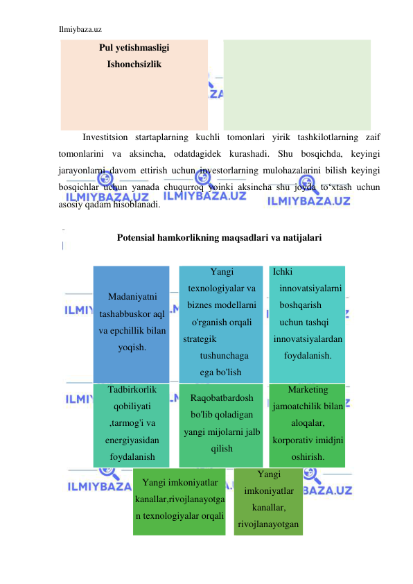 Ilmiybaza.uz 
 
Pul yetishmasligi 
Ishonchsizlik 
Investitsion startaplarning kuchli tomonlari yirik tashkilotlarning zaif 
tomonlarini va aksincha, odatdagidek kurashadi. Shu bosqichda, keyingi 
jarayonlarni davom ettirish uchun investorlarning mulohazalarini bilish keyingi 
bosqichlar uchun yanada chuqurroq yoinki aksincha shu joyda toʻxtash uchun 
asosiy qadam hisoblanadi.  
  
Potensial hamkorlikning maqsadlari va natijalari  
  
Madaniyatni 
tashabbuskor aql 
va epchillik bilan 
yoqish. 
 
Yangi 
texnologiyalar va 
biznes modellarni 
o'rganish orqali  
strategik 
tushunchaga 
ega bo'lish 
 Ichki 
innovatsiyalarni 
boshqarish 
uchun tashqi  
innovatsiyalardan 
foydalanish. 
Tadbirkorlik 
qobiliyati 
,tarmog'i va 
energiyasidan 
foydalanish 
 
Raqobatbardosh 
bo'lib qoladigan 
yangi mijolarni jalb 
qilish 
 
Marketing 
jamoatchilik bilan  
aloqalar, 
korporativ imidjni 
oshirish. 
Yangi imkoniyatlar 
kanallar,rivojlanayotga 
n texnologiyalar orqali 
 
Yangi 
imkoniyatlar 
kanallar,  
rivojlanayotgan  
