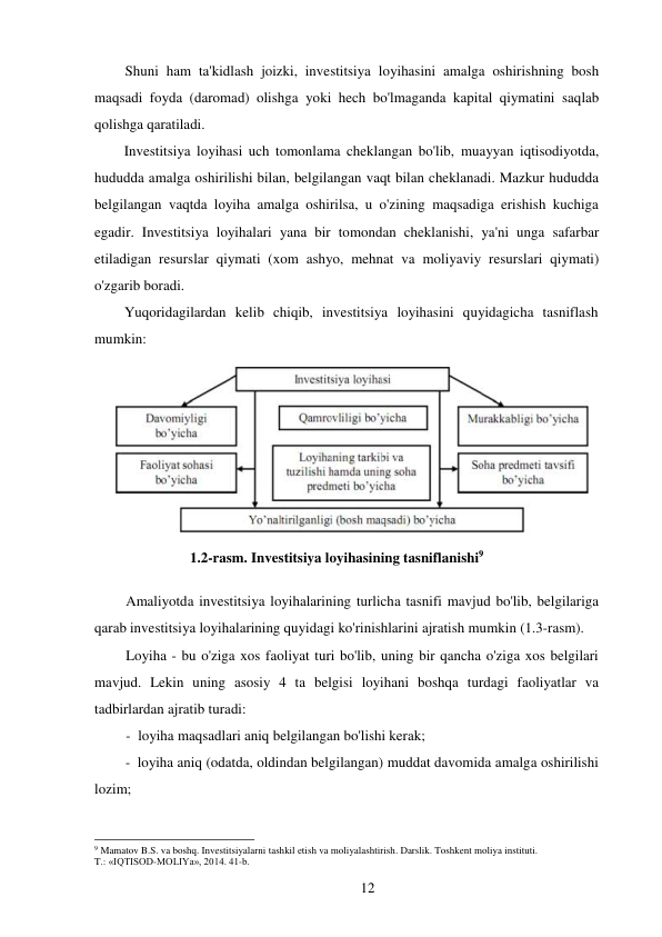 12 
 
Shuni ham ta'kidlash joizki, investitsiya loyihasini amalga oshirishning bosh 
maqsadi foyda (daromad) olishga yoki hech bo'lmaganda kapital qiymatini saqlab 
qolishga qaratiladi. 
Investitsiya loyihasi uch tomonlama cheklangan bo'lib, muayyan iqtisodiyotda, 
hududda amalga oshirilishi bilan, belgilangan vaqt bilan cheklanadi. Mazkur hududda 
belgilangan vaqtda loyiha amalga oshirilsa, u o'zining maqsadiga erishish kuchiga 
egadir. Investitsiya loyihalari yana bir tomondan cheklanishi, ya'ni unga safarbar 
etiladigan resurslar qiymati (xom ashyo, mehnat va moliyaviy resurslari qiymati) 
o'zgarib boradi. 
Yuqoridagilardan kelib chiqib, investitsiya loyihasini quyidagicha tasniflash 
mumkin: 
 
 
1.2-rasm. Investitsiya loyihasining tasniflanishi9 
 
Amaliyotda investitsiya loyihalarining turlicha tasnifi mavjud bo'lib, belgilariga 
qarab investitsiya loyihalarining quyidagi ko'rinishlarini ajratish mumkin (1.3-rasm). 
Loyiha - bu o'ziga xos faoliyat turi bo'lib, uning bir qancha o'ziga xos belgilari 
mavjud. Lekin uning asosiy 4 ta belgisi loyihani boshqa turdagi faoliyatlar va 
tadbirlardan ajratib turadi: 
- loyiha maqsadlari aniq belgilangan bo'lishi kerak; 
- loyiha aniq (odatda, oldindan belgilangan) muddat davomida amalga oshirilishi 
lozim; 
 
 
9 Mamatov B.S. va boshq. Investitsiyalarni tashkil etish va moliyalashtirish. Darslik. Toshkent moliya instituti. 
T.: «IQTISOD-MOLIYa», 2014. 41-b. 
