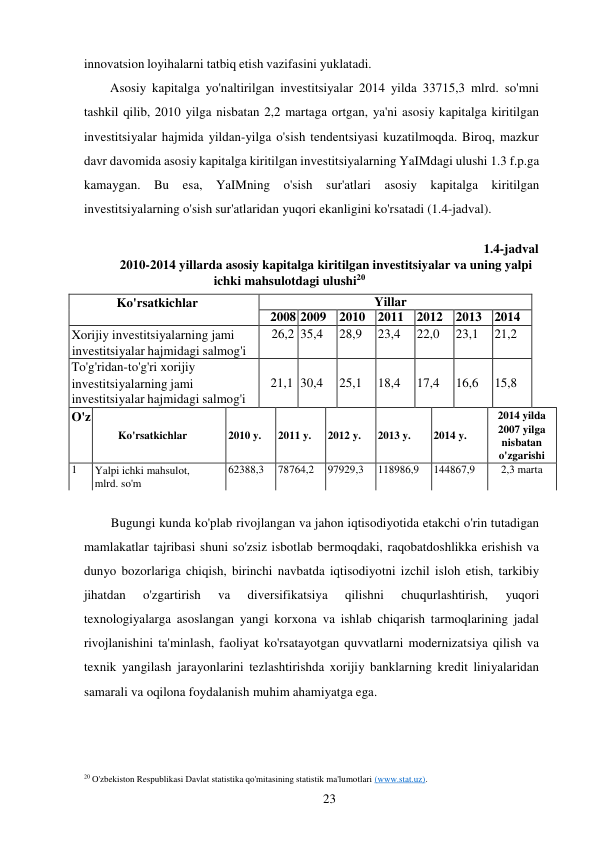 23 
 
innovatsion loyihalarni tatbiq etish vazifasini yuklatadi. 
Asosiy kapitalga yo'naltirilgan investitsiyalar 2014 yilda 33715,3 mlrd. so'mni 
tashkil qilib, 2010 yilga nisbatan 2,2 martaga ortgan, ya'ni asosiy kapitalga kiritilgan 
investitsiyalar hajmida yildan-yilga o'sish tendentsiyasi kuzatilmoqda. Biroq, mazkur 
davr davomida asosiy kapitalga kiritilgan investitsiyalarning YaIMdagi ulushi 1.3 f.p.ga 
kamaygan. Bu esa, YaIMning o'sish sur'atlari asosiy 
kapitalga kiritilgan 
investitsiyalarning o'sish sur'atlaridan yuqori ekanligini ko'rsatadi (1.4-jadval). 
 
1.4-jadval 
2010-2014 yillarda asosiy kapitalga kiritilgan investitsiyalar va uning yalpi 
ichki mahsulotdagi ulushi20 
 
Ko'rsatkichlar 
Yillar 
 
2008 2009 2010 2011 2012 2013 2014 
Xorijiy investitsiyalarning jami 
investitsiyalar hajmidagi salmog'i 
26,2 35,4 
28,9 
23,4 
22,0 
23,1 
21,2 
To'g'ridan-to'g'ri xorijiy 
investitsiyalarning jami 
investitsiyalar hajmidagi salmog'i 
 
21,1 
 
30,4 
 
25,1 
 
18,4 
 
17,4 
 
16,6 
 
15,8 
O'z  
Ko'rsatkichlar 
 
2010 y. 
 
2011 y. 
 
2012 y. 
 
2013 y. 
 
2014 y. 
2014 yilda 
2007 yilga 
nisbatan 
o'zgarishi 
1 
Yalpi ichki mahsulot, 
mlrd. so'm 
62388,3 
78764,2 
97929,3 
118986,9 
144867,9 
2,3 marta 
 
Bugungi kunda ko'plab rivojlangan va jahon iqtisodiyotida etakchi o'rin tutadigan 
mamlakatlar tajribasi shuni so'zsiz isbotlab bermoqdaki, raqobatdoshlikka erishish va 
dunyo bozorlariga chiqish, birinchi navbatda iqtisodiyotni izchil isloh etish, tarkibiy 
jihatdan 
o'zgartirish 
va 
diversifikatsiya 
qilishni 
chuqurlashtirish, 
yuqori 
texnologiyalarga asoslangan yangi korxona va ishlab chiqarish tarmoqlarining jadal 
rivojlanishini ta'minlash, faoliyat ko'rsatayotgan quvvatlarni modernizatsiya qilish va 
texnik yangilash jarayonlarini tezlashtirishda xorijiy banklarning kredit liniyalaridan 
samarali va oqilona foydalanish muhim ahamiyatga ega. 
 
 
 
 
 
20 O'zbekiston Respublikasi Davlat statistika qo'mitasining statistik ma'lumotlari (www.stat.uz). 
