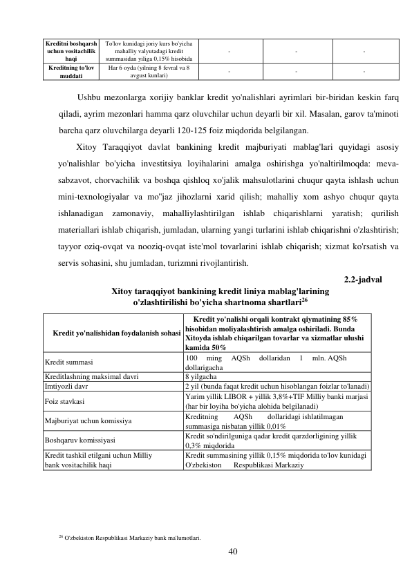 40 
 
Kreditni boshqarsh 
uchun vositachilik 
haqi 
To'lov kunidagi joriy kurs bo'yicha 
mahalliy valyutadagi kredit 
summasidan yiliga 0,15% hisobida 
 
- 
 
- 
 
- 
Kreditning to'lov 
muddati 
Har 6 oyda (yilning 8 fevral va 8 
avgust kunlari) 
- 
- 
- 
 
Ushbu mezonlarga xorijiy banklar kredit yo'nalishlari ayrimlari bir-biridan keskin farq 
qiladi, ayrim mezonlari hamma qarz oluvchilar uchun deyarli bir xil. Masalan, garov ta'minoti 
barcha qarz oluvchilarga deyarli 120-125 foiz miqdorida belgilangan. 
Xitoy Taraqqiyot davlat bankining kredit majburiyati mablag'lari quyidagi asosiy 
yo'nalishlar bo'yicha investitsiya loyihalarini amalga oshirishga yo'naltirilmoqda: meva-
sabzavot, chorvachilik va boshqa qishloq xo'jalik mahsulotlarini chuqur qayta ishlash uchun 
mini-texnologiyalar va mo''jaz jihozlarni xarid qilish; mahalliy xom ashyo chuqur qayta 
ishlanadigan zamonaviy, mahalliylashtirilgan ishlab chiqarishlarni yaratish; qurilish 
materiallari ishlab chiqarish, jumladan, ularning yangi turlarini ishlab chiqarishni o'zlashtirish; 
tayyor oziq-ovqat va nooziq-ovqat iste'mol tovarlarini ishlab chiqarish; xizmat ko'rsatish va 
servis sohasini, shu jumladan, turizmni rivojlantirish. 
2.2-jadval 
Xitoy taraqqiyot bankining kredit liniya mablag'larining 
o'zlashtirilishi bo'yicha shartnoma shartlari26 
 
 
Kredit yo'nalishidan foydalanish sohasi 
Kredit yo'nalishi orqali kontrakt qiymatining 85% 
hisobidan moliyalashtirish amalga oshiriladi. Bunda 
Xitoyda ishlab chiqarilgan tovarlar va xizmatlar ulushi 
kamida 50% 
Kredit summasi 
100 
ming 
AQSh 
dollaridan 
1 
mln. AQSh 
dollarigacha 
Kreditlashning maksimal davri 
8 yilgacha 
Imtiyozli davr 
2 yil (bunda faqat kredit uchun hisoblangan foizlar to'lanadi) 
Foiz stavkasi 
Yarim yillik LIBOR + yillik 3,8%+TIF Milliy banki marjasi 
(har bir loyiha bo'yicha alohida belgilanadi) 
Majburiyat uchun komissiya 
Kreditning 
AQSh 
dollaridagi ishlatilmagan 
summasiga nisbatan yillik 0,01% 
Boshqaruv komissiyasi 
Kredit so'ndirilguniga qadar kredit qarzdorligining yillik 
0,3% miqdorida 
Kredit tashkil etilgani uchun Milliy 
bank vositachilik haqi 
Kredit summasining yillik 0,15% miqdorida to'lov kunidagi 
O'zbekiston 
Respublikasi Markaziy 
 
 
 
 
 
 
 
 
26 O'zbekiston Respublikasi Markaziy bank ma'lumotlari. 
