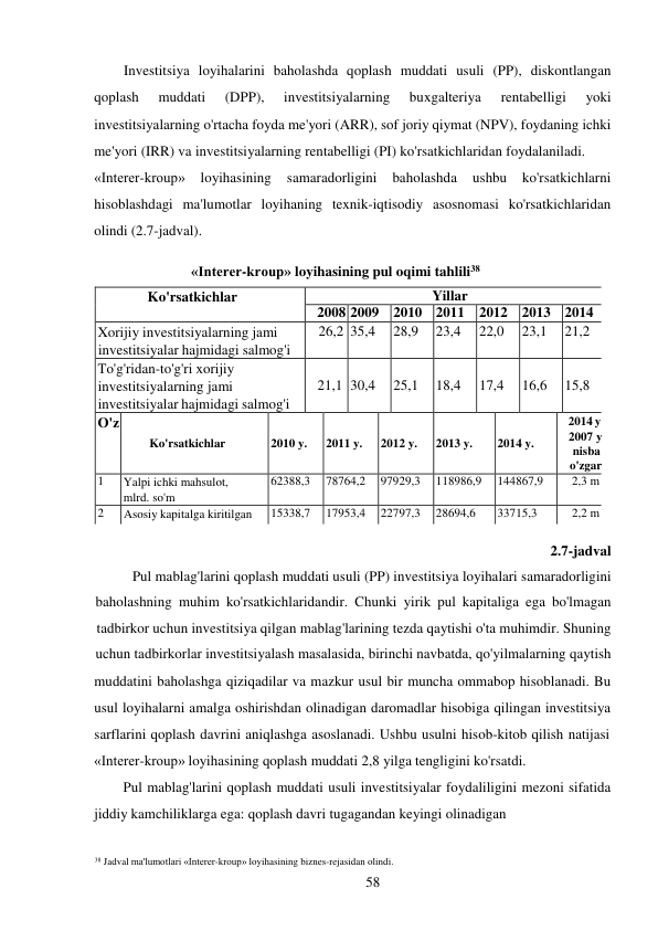 38 Jadval ma'lumotlari «Interer-kroup» loyihasining biznes-rejasidan olindi. 
58 
 
Investitsiya loyihalarini baholashda qoplash muddati usuli (PP), diskontlangan 
qoplash 
muddati 
(DPP), 
investitsiyalarning 
buxgalteriya 
rentabelligi 
yoki 
investitsiyalarning o'rtacha foyda me'yori (ARR), sof joriy qiymat (NPV), foydaning ichki 
me'yori (IRR) va investitsiyalarning rentabelligi (PI) ko'rsatkichlaridan foydalaniladi. 
«Interer-kroup» 
loyihasining 
samaradorligini 
baholashda 
ushbu 
ko'rsatkichlarni 
hisoblashdagi ma'lumotlar loyihaning texnik-iqtisodiy asosnomasi ko'rsatkichlaridan 
olindi (2.7-jadval). 
 
«Interer-kroup» loyihasining pul oqimi tahlili38 
 
Ko'rsatkichlar 
Yillar 
2008 2009 2010 2011 2012 2013 2014 
Xorijiy investitsiyalarning jami 
investitsiyalar hajmidagi salmog'i 
26,2 35,4 
28,9 
23,4 
22,0 
23,1 
21,2 
To'g'ridan-to'g'ri xorijiy 
investitsiyalarning jami 
investitsiyalar hajmidagi salmog'i 
 
21,1 
 
30,4 
 
25,1 
 
18,4 
 
17,4 
 
16,6 
 
15,8 
O'z  
Ko'rsatkichlar 
 
2010 y. 
 
2011 y. 
 
2012 y. 
 
2013 y. 
 
2014 y. 
2014 y 
2007 y 
nisba 
o'zgar 
1 
Yalpi ichki mahsulot, 
mlrd. so'm 
62388,3 
78764,2 
97929,3 
118986,9 
144867,9 
2,3 m 
2 
Asosiy kapitalga kiritilgan 
15338,7 
17953,4 
22797,3 
28694,6 
33715,3 
2,2 m 
 
2.7-jadval 
Pul mablag'larini qoplash muddati usuli (PP) investitsiya loyihalari samaradorligini 
baholashning muhim ko'rsatkichlaridandir. Chunki yirik pul kapitaliga ega bo'lmagan 
tadbirkor uchun investitsiya qilgan mablag'larining tezda qaytishi o'ta muhimdir. Shuning 
uchun tadbirkorlar investitsiyalash masalasida, birinchi navbatda, qo'yilmalarning qaytish 
muddatini baholashga qiziqadilar va mazkur usul bir muncha ommabop hisoblanadi. Bu 
usul loyihalarni amalga oshirishdan olinadigan daromadlar hisobiga qilingan investitsiya 
sarflarini qoplash davrini aniqlashga asoslanadi. Ushbu usulni hisob-kitob qilish natijasi 
«Interer-kroup» loyihasining qoplash muddati 2,8 yilga tengligini ko'rsatdi. 
Pul mablag'larini qoplash muddati usuli investitsiyalar foydaliligini mezoni sifatida 
jiddiy kamchiliklarga ega: qoplash davri tugagandan keyingi olinadigan 
