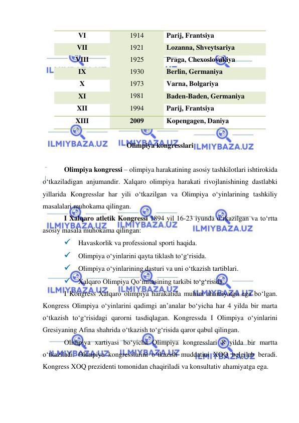  
 
VI 
1914 
Parij, Frantsiya 
VII 
1921 
Lozanna, Shveytsariya 
VIII 
1925 
Praga, Chexoslovakiya 
IX 
1930 
Berlin, Germaniya 
X 
1973 
Varna, Bolgariya 
XI 
1981 
Baden-Baden, Germaniya 
XII 
1994 
Parij, Frantsiya 
XIII 
2009 
Kopengagen, Daniya 
 
Olimpiya kongresslari 
 
Olimpiya kongressi – olimpiya harakatining asosiy tashkilotlari ishtirokida 
o‘tkaziladigan anjumandir. Xalqaro olimpiya harakati rivojlanishining dastlabki 
yillarida Kongresslar har yili o‘tkazilgan va Olimpiya o‘yinlarining tashkiliy 
masalalari muhokama qilingan.  
I Xalqaro atletik Kongressi 1894 yil 16-23 iyunda o‘rkazilgan va to‘rtta 
asosiy masala muhokama qilingan: 
 Havaskorlik va professional sporti haqida. 
 Olimpiya o‘yinlarini qayta tiklash to‘g‘risida. 
 Olimpiya o‘yinlarining dasturi va uni o‘tkazish tartiblari. 
 Xalqaro Olimpiya Qo‘mitasining tarkibi to‘g‘risida. 
I Kongress Xalqaro olimpiya harakatida muhim ahamiyatga ega bo‘lgan. 
Kongress Olimpiya o‘yinlarini qadimgi an’analar bo‘yicha har 4 yilda bir marta 
o‘tkazish to‘g‘risidagi qarorni tasdiqlagan. Kongressda I Olimpiya o‘yinlarini 
Gresiyaning Afina shahrida o‘tkazish to‘g‘risida qaror qabul qilingan. 
Olimpiya xartiyasi bo‘yicha Olimpiya kongresslari 8 yilda bir martta 
o‘tkaziladi. Olimpiya kongresslarini o‘tkazish muddatini XOQ belgilab beradi. 
Kongress XOQ prezidenti tomonidan chaqiriladi va konsultativ ahamiyatga ega. 
