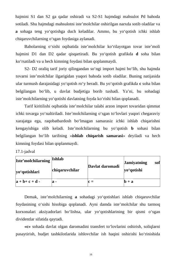 16
hajmini S1 dan S2 ga qadar oshiradi va S2-S1 hajmdagi mahsulot Pd bahoda
sotiladi. Shu hajmdagi mahsulotni iste’molchilar oshirilgan narxda sotib oladilar va
a  sohaga  teng  yo‘qotishga  duch  keladilar.  Ammo,  bu  yo‘qotish  ichki  ishlab
chiqaruvchilarning o‘sgan foydasiga aylanadi.
Baholarning  o‘sishi  oqibatida  iste’molchilar  ko‘rilayotgan  tovar  iste’moli
hajmini  D1  dan  D2  qadar  qisqartiradi.  Bu  yo‘qotish  grafikda  d  soha  bilan
ko‘rsatiladi va u hech kimning foydasi bilan qoplanmaydi.
S2- D2 oraliq tarif joriy qilingandan so‘ngi import hajmi bo‘lib, shu hajmda
tovarni iste’molchilar ilgarigidan yuqori bahoda sotib oladilar. Buning natijasida
ular turmush darajasidagi yo‘qotish ro‘y beradi. Bu yo‘qotish grafikda c soha bilan
belgilangan  bo‘lib,  u  davlat  budjetiga  borib  tushadi.  Ya’ni,  bu  sohadagi
iste’molchilarning yo‘qotishi davlatning foyda ko‘rishi bilan qoplanadi.
Tarif kiritilishi oqibatida iste’molchilar talabi arzon import tovaridan qimmat
ichki tovarga yo‘naltiriladi. Iste’molchilarning o‘sgan to‘lovlari yuqori chegaraviy
xarajatga  ega,  raqobatbardosh  bo‘lmagan  samarasiz  ichki  ishlab  chiqarishni
kengayishiga  olib  keladi.  Iste’molchilarning  bu  yo‘qotish  b  sohasi  bilan
belgilangan  bo‘lib  tarifning  «ishlab  chiqarish  samarasi»  deyiladi  va  hech
kimning foydasi bilan qoplanmaydi.
17.1-jadval
Iste’molchilarning
yo‘qotishlari
Ishlab
chiqaruvchilar
Davlat daromadi
Jamiyatning  sof
yo‘qotishi
a + b+ c + d -
a -
c =
b + a
Demak,  iste’molchilarning  a  sohadagi  yo‘qotishlari  ishlab  chiqaruvchilar
foydasining o‘sishi hisobiga qoplanadi. Ayni damda iste’molchilar shu tarmoq
korxonalari  aksiyadorlari  bo‘lishsa,  ular  yo‘qotishlarining  bir  qismi  o‘sgan
dividentlar sifatida qaytadi.
«c» sohada davlat olgan daromadini transfert to‘lovlarini oshirish, soliqlarni
pasaytirish,  budjet  tashkilotlarida  ishlovchilar  ish  haqini  oshirishi  ko‘rinishida
