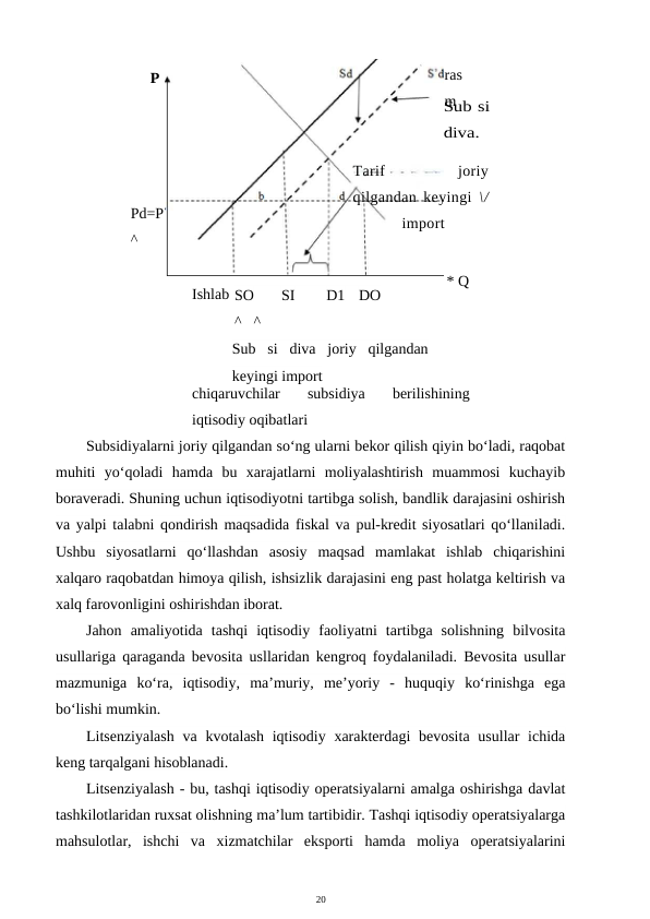 20
17.2-
ras
m
.
Ishlab
chiqaruvchilar  subsidiya  berilishining
iqtisodiy oqibatlari
Subsidiyalarni joriy qilgandan so‘ng ularni bekor qilish qiyin bo‘ladi, raqobat
muhiti  yo‘qoladi  hamda  bu  xarajatlarni  moliyalashtirish  muammosi  kuchayib
boraveradi. Shuning uchun iqtisodiyotni tartibga solish, bandlik darajasini oshirish
va yalpi talabni qondirish maqsadida fiskal va pul-kredit siyosatlari qo‘llaniladi.
Ushbu  siyosatlarni  qo‘llashdan  asosiy  maqsad  mamlakat  ishlab  chiqarishini
xalqaro raqobatdan himoya qilish, ishsizlik darajasini eng past holatga keltirish va
xalq farovonligini oshirishdan iborat.
Jahon  amaliyotida  tashqi  iqtisodiy  faoliyatni  tartibga  solishning  bilvosita
usullariga qaraganda bevosita usllaridan kengroq foydalaniladi. Bevosita usullar
mazmuniga  ko‘ra,  iqtisodiy,  ma’muriy,  me’yoriy  -  huquqiy  ko‘rinishga  ega
bo‘lishi mumkin.
Litsenziyalash  va kvotalash iqtisodiy  xarakterdagi  bevosita  usullar  ichida
keng tarqalgani hisoblanadi.
Litsenziyalash - bu, tashqi iqtisodiy operatsiyalarni amalga oshirishga davlat
tashkilotlaridan ruxsat olishning ma’lum tartibidir. Tashqi iqtisodiy operatsiyalarga
mahsulotlar,  ishchi  va  xizmatchilar  eksporti  hamda  moliya  operatsiyalarini
Pd=P
^
P
Sub si
diva.
SO
SI
D1
DO
^   ^
Sub  si  diva  joriy  qilgandan
keyingi import
Tarif
 
joriy
qilgandan keyingi  \/
import
* Q
