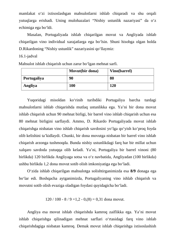 mamlakat  o‘zi  ixtisoslashgan  mahsulotlarni  ishlab  chiqaradi  va  shu  orqali
yutuqlarga  erishadi.  Uning  mulohazalari  “Nisbiy  ustunlik  nazariyasi”  da  o‘z
echimiga ega bo‘ldi.
Masalan,  Portugaliyada  ishlab  chiqarilgan  movut  va  Angliyada  ishlab
chiqarilgan vino individual xarajatlarga ega bo‘lsin. Shuni hisobga olgan holda
D.Rikardoning “Nisbiy ustunlik” nazariyasini qo‘llaymiz:
16.1-jadval
Mahsulot ishlab chiqarish uchun zarur bo‘lgan mehnat sarfi.
Movut(bir dona)
Vino(barrel)
Portugaliya
90
80
Angliya
100
120
Yuqoridagi  misoldan  ko‘rinib  turibdiki  Portugaliya  barcha  turdagi
mahsulotlarni ishlab chiqarishda mutlaq ustunlikka ega. Ya’ni bir dona movut
ishlab chiqarish uchun 90 mehnat birligi, bir barrel vino ishlab chiqarish uchun esa
80 mehnat birligini sarflaydi. Ammo, D. Rikardo Portugaliyada movut ishlab
chiqarishga nisbatan vino ishlab chiqarish savdosini yo‘lga qo‘yish ko‘proq foyda
olib kelishini ta’kidlaydi. Chunki, bir dona movutga nisbatan bir barrel vino ishlab
chiqarish arzonga tushmoqda. Bunda nisbiy ustunlikdagi farq har bir millat uchun
xalqaro savdoda yutuqqa olib keladi. Ya’ni, Portugaliya bir barrel vinoni (80
birlikda) 120 birlikda Angliyaga sotsa va o‘z navbatida, Angliyadan (100 birlikda)
ushbu birlikda 1,2 dona movut sotib olish imkoniyatiga ega bo‘ladi.
O‘zida ishlab chiqarilgan mahsulotga solishtirganimizda esa 8/9 donaga ega
bo‘lar  edi. Boshqacha  aytganimizda, Portugaliyaning vino ishlab chiqarish va
movutni sotib olish evaziga oladigan foydasi quyidagicha bo‘ladi.
120 / 100 - 8 / 9 =1,2 - 0,(8) = 0,31 dona movut.
Angliya esa movut ishlab chiqarishda kamroq zaiflikka ega. Ya’ni movut
ishlab  chiqarishga  qilinadigan  mehnat  sarflari  o‘rtasidagi  farq  vino  ishlab
chiqarishdagiga nisbatan kamroq. Demak movut ishlab chiqarishga ixtisoslashish
