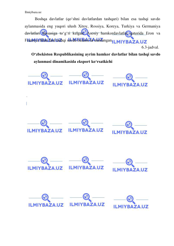 Ilmiybaza.uz 
 
Boshqa davlatlar (qoʻshni davlatlardan tashqari) bilan esa tashqi savdo 
aylanmasida eng yuqori ulush Xitoy, Rossiya, Koreya, Turkiya va Germaniya 
davlatlari hissasiga toʻgʻri kelgan. Asosiy hamkordavlatlar qatorida Eron va 
Fransiya bilan faol tashqi savdo balansi ta’minlangan.  
6.3-jadval.   
Oʻzbekiston Respublikasining ayrim hamkor davlatlar bilan tashqi savdo 
aylanmasi dinamikasida eksport koʻrsatkichi  
  
