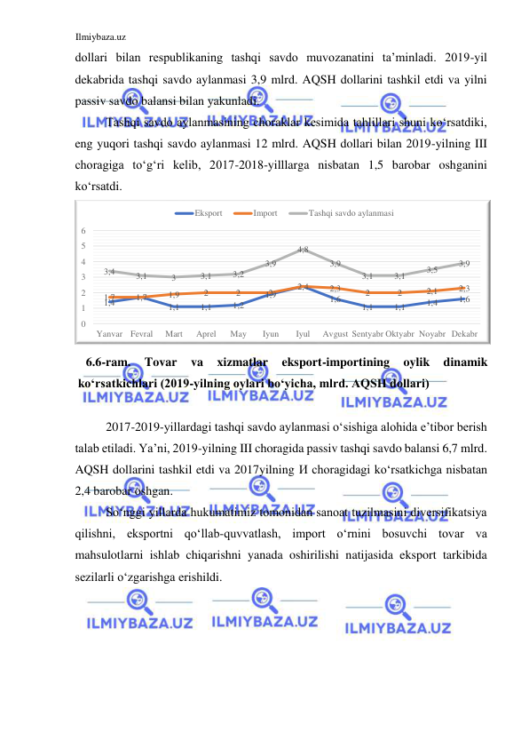 Ilmiybaza.uz 
 
dollari bilan respublikaning tashqi savdo muvozanatini ta’minladi. 2019-yil 
dekabrida tashqi savdo aylanmasi 3,9 mlrd. AQSH dollarini tashkil etdi va yilni 
passiv savdo balansi bilan yakunladi.   
Tashqi savdo aylanmasining choraklar kesimida tahlillari shuni koʻrsatdiki, 
eng yuqori tashqi savdo aylanmasi 12 mlrd. AQSH dollari bilan 2019-yilning III 
choragiga toʻgʻri kelib, 2017-2018-yilllarga nisbatan 1,5 barobar oshganini 
koʻrsatdi.   
 
6.6-ram. 
Tovar 
va 
xizmatlar 
eksport-importining 
oylik 
dinamik 
koʻrsatkichlari (2019-yilning oylari boʻyicha, mlrd. AQSH dollari)  
  
2017-2019-yillardagi tashqi savdo aylanmasi oʻsishiga alohida e’tibor berish 
talab etiladi. Ya’ni, 2019-yilning III choragida passiv tashqi savdo balansi 6,7 mlrd. 
AQSH dollarini tashkil etdi va 2017yilning И choragidagi koʻrsatkichga nisbatan 
2,4 barobar oshgan.  
Soʻnggi yillarda hukumatimiz tomonidan sanoat tuzilmasini diversifikatsiya 
qilishni, eksportni qoʻllab-quvvatlash, import oʻrnini bosuvchi tovar va 
mahsulotlarni ishlab chiqarishni yanada oshirilishi natijasida eksport tarkibida 
sezilarli oʻzgarishga erishildi.  
  
  
4 
, 
1 
1 
, 
1 
, 
1 1 
2 
, 
1 
9 
, 
1 
1 , 6 
1 
, 
1 
1 
, 
1 
4 
, 
1 
6 
1 , 
7 
, 
1 
7 
1 , 
9 
, 
1 
2 
2 
2 
, 
2 4 
3 
2 , 
2 
2 
1 
, 
2 
2 3 
, 
4 
, 
3 
3 , 1 
3 
, 1 
3 
2 
3 , 
, 
3 9 
8 
, 
4 
3 9 
, 
3 , 1 
3 , 1 
3 5 
, 
9 
, 
3 
0 
1 
2 
3 
4 
5 
6 
Yanvar Fevral 
Mart 
Aprel 
May 
Iyun 
Iyul 
Avgust Sentyabr Oktyabr Noyabr Dekabr 
Eksport 
Import 
Tashqi savdo aylanmasi 
