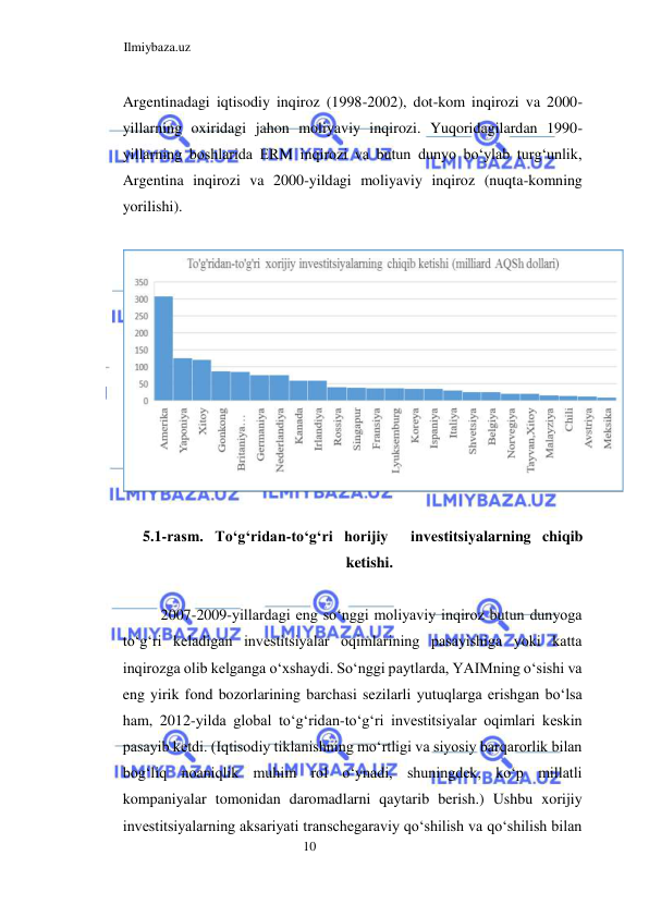 Ilmiybaza.uz 
10  
Argentinadagi iqtisodiy inqiroz (1998-2002), dot-kom inqirozi va 2000-
yillarning oxiridagi jahon moliyaviy inqirozi. Yuqoridagilardan 1990-
yillarning boshlarida ERM inqirozi va butun dunyo boʻylab turgʻunlik, 
Argentina inqirozi va 2000-yildagi moliyaviy inqiroz (nuqta-komning 
yorilishi).  
  
  
  
5.1-rasm. Toʻgʻridan-toʻgʻri horijiy  investitsiyalarning chiqib 
ketishi.  
  
2007-2009-yillardagi eng soʻnggi moliyaviy inqiroz butun dunyoga 
toʻgʻri keladigan investitsiyalar oqimlarining pasayishiga yoki katta 
inqirozga olib kelganga oʻxshaydi. Soʻnggi paytlarda, YAIMning oʻsishi va 
eng yirik fond bozorlarining barchasi sezilarli yutuqlarga erishgan boʻlsa 
ham, 2012-yilda global toʻgʻridan-toʻgʻri investitsiyalar oqimlari keskin 
pasayib ketdi. (Iqtisodiy tiklanishning moʻrtligi va siyosiy barqarorlik bilan 
bogʻliq noaniqlik muhim rol oʻynadi, shuningdek, koʻp millatli 
kompaniyalar tomonidan daromadlarni qaytarib berish.) Ushbu xorijiy 
investitsiyalarning aksariyati transchegaraviy qoʻshilish va qoʻshilish bilan 
